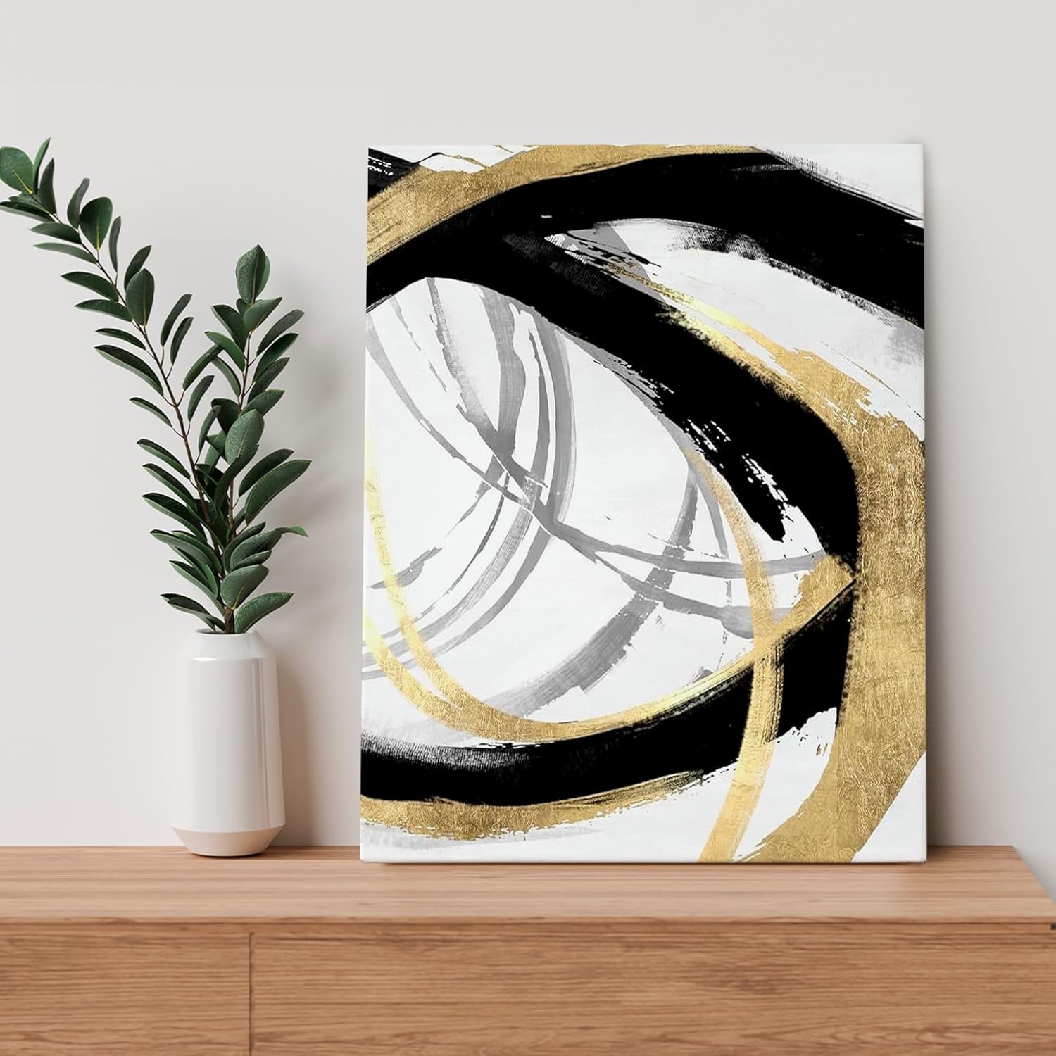 BearCake Abstract Black and Gold Wall Art Set of 2 - Oil Painting Abstract Pictures for Home Office Decor,Modern Black Gold and White Wall Decor Poster for Bedroom Living Room, 11x14 Inches Framed