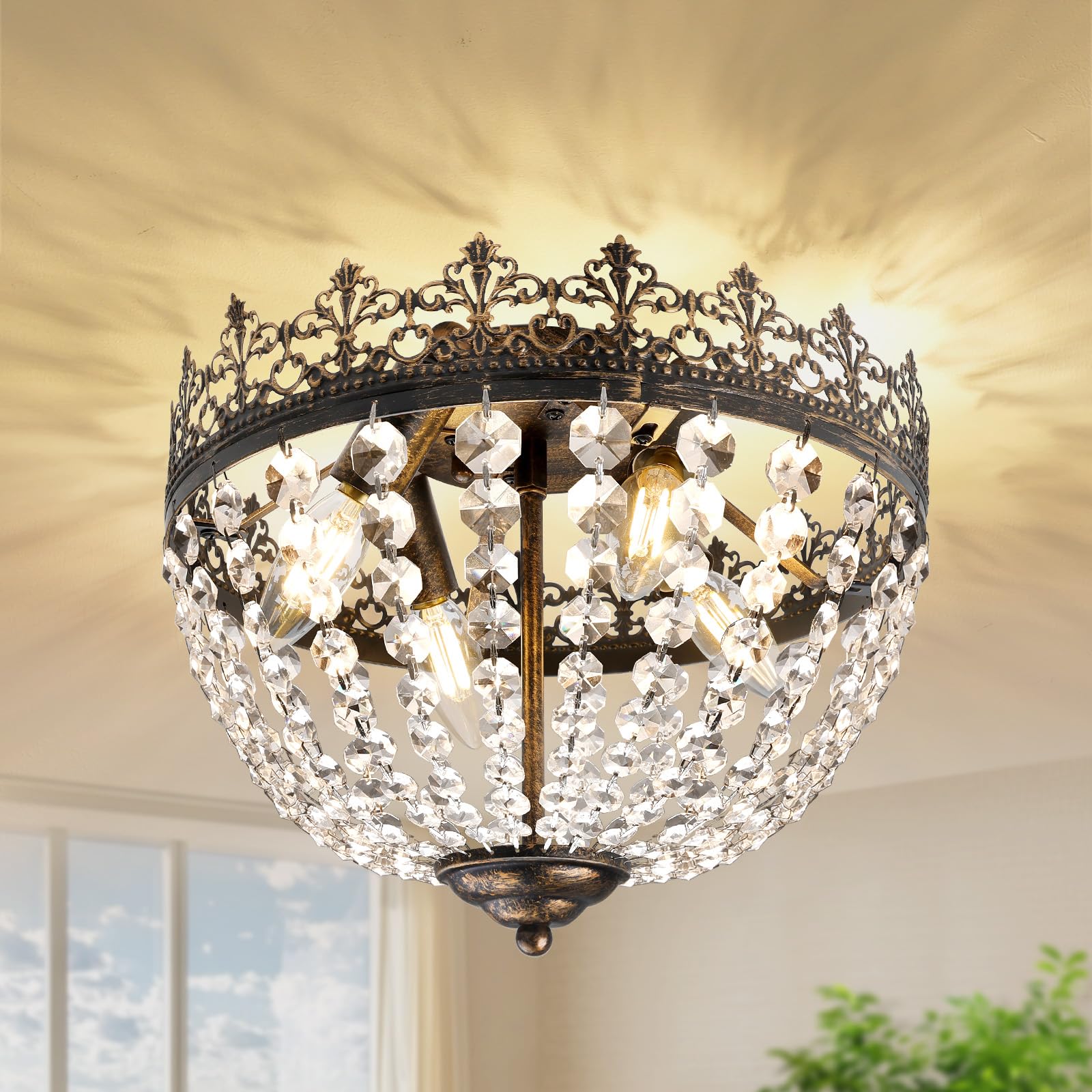 Crystal Chandelier for Bedroom, 4-Light K9 Crystal Semi Flush Mount Ceiling Light, Vintage Ceiling Light Chandeliers, Small Chandeliers for Dining