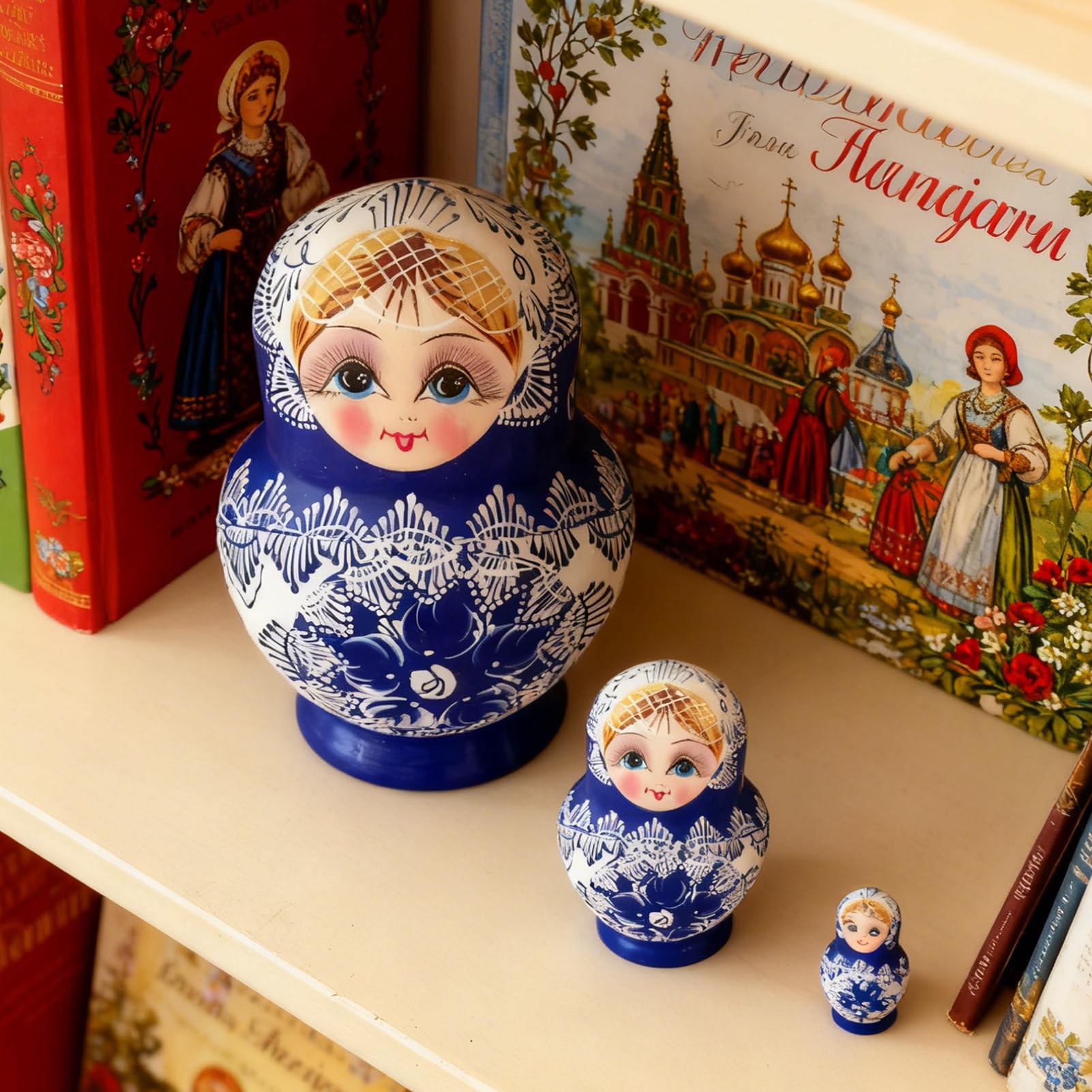 Muñecas Rusas para Adultos - 10 Piezas Madera Azul Y Porcelana Decoración De Escritorio | Muñecas Apilables Tradicionales | Para Niños, Adolescentes, Adultos, Coleccionistas, Cumpleaños, Fiestas,