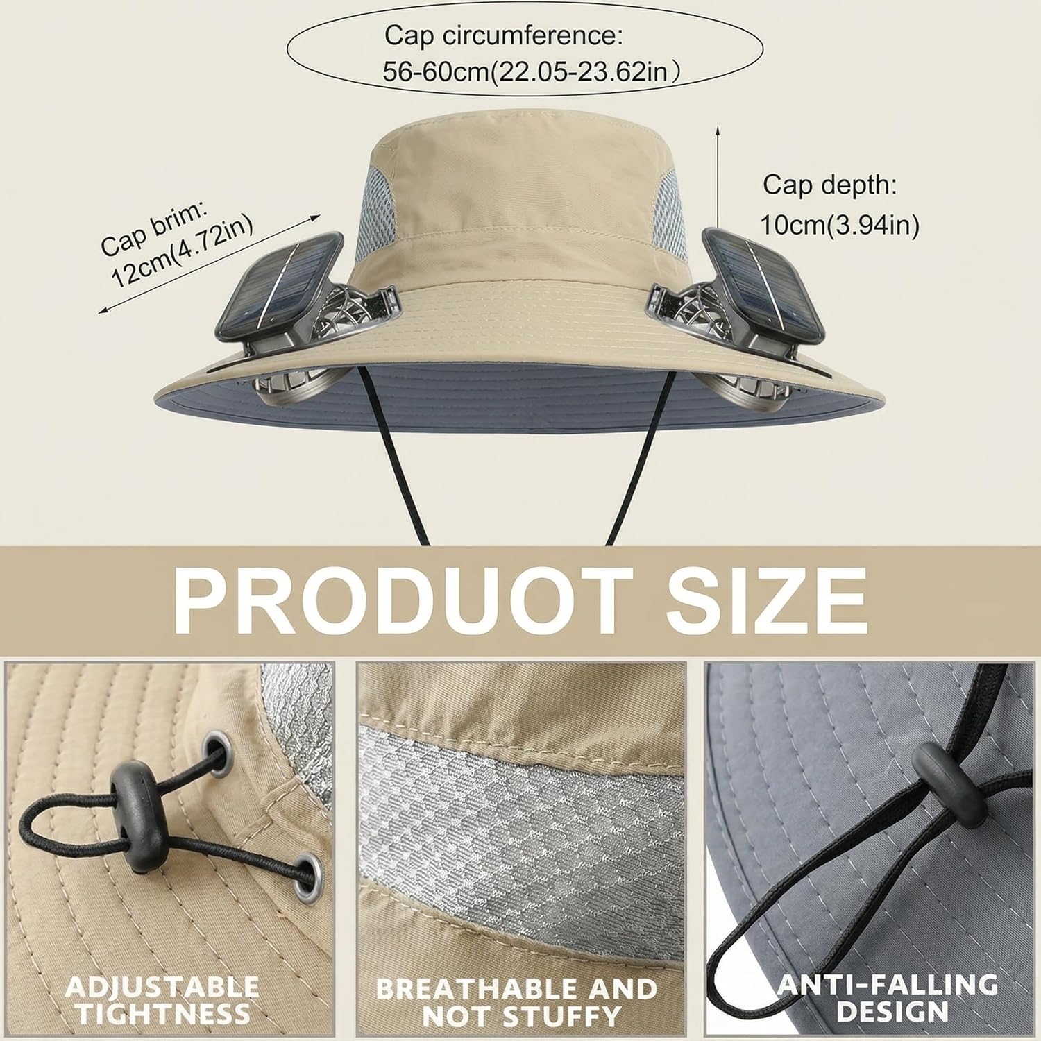 Outdoor Wide Brim Sun Hat with 2 Solar Powered Fan, Bucket Hat for Men Women, Fishing, Gardening & Beach Hat for Men