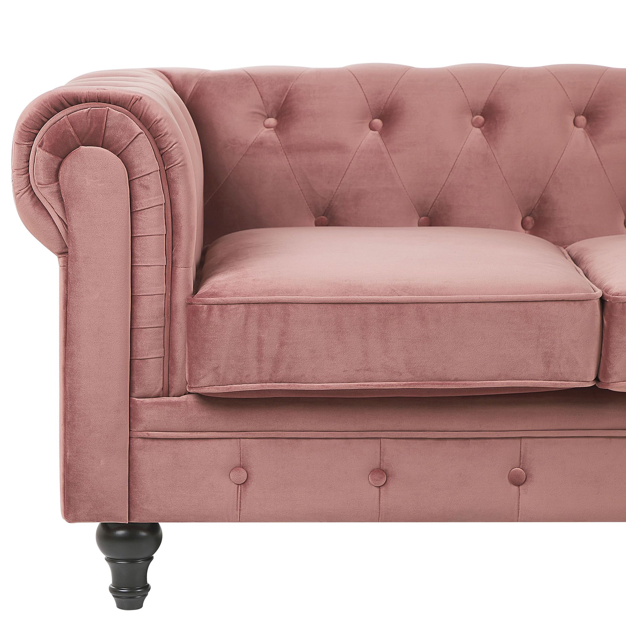 Beliani Conjunto de salón Chesterfield tapizado en Tela de Terciopelo Rosa sofá 3 plazas + sillón Patas de Madera Oscura Estilo contemporáneo Chesterfield