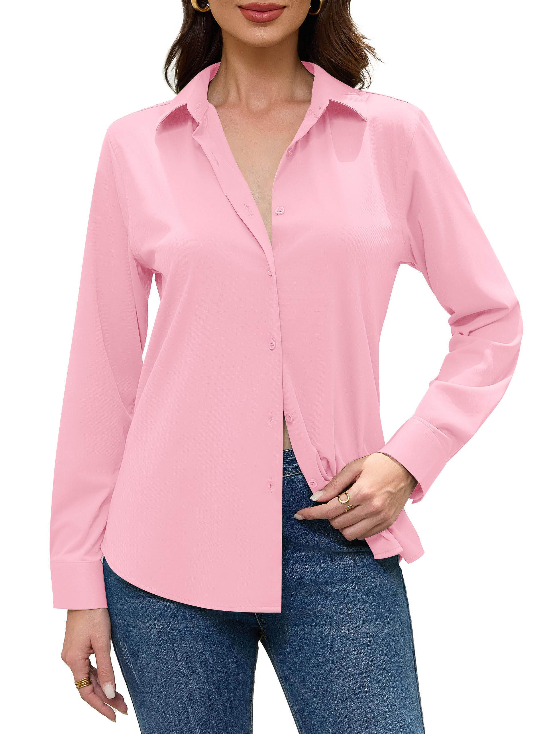 Camicia da Donna con Bottoni, Senza Stiratura, Senza Pieghe, con Seta di gelso, Camicetta a Maniche Lunghe, Maglietta da Lavoro Casual