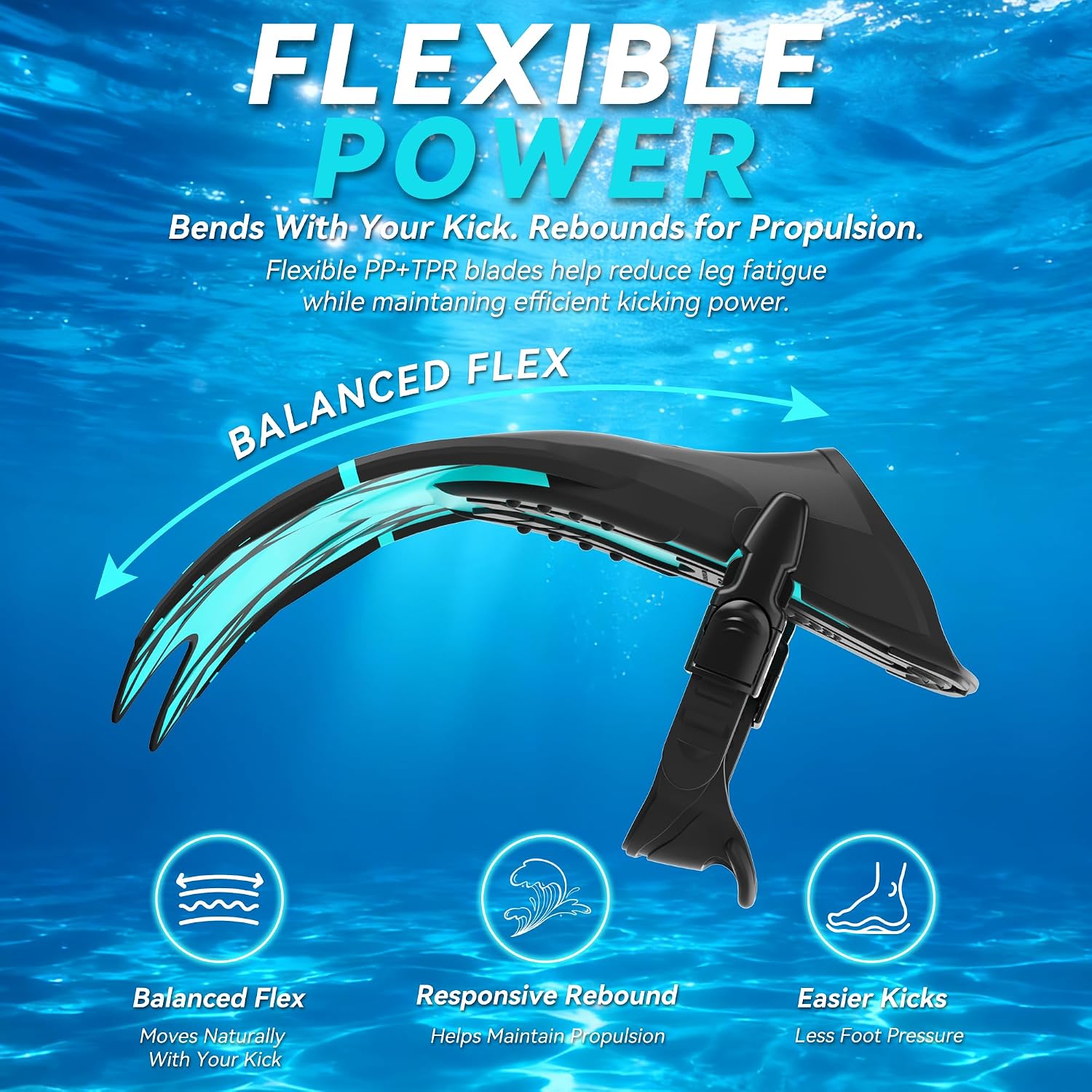 Snorkel Fins for Adults Youth, Short Diving Swim Flippers with Adjustable Open Heel, Upgraded Quick Release Buckles, Comfortable Foot Pocket, Compact Travel Fins with Mesh Bag
