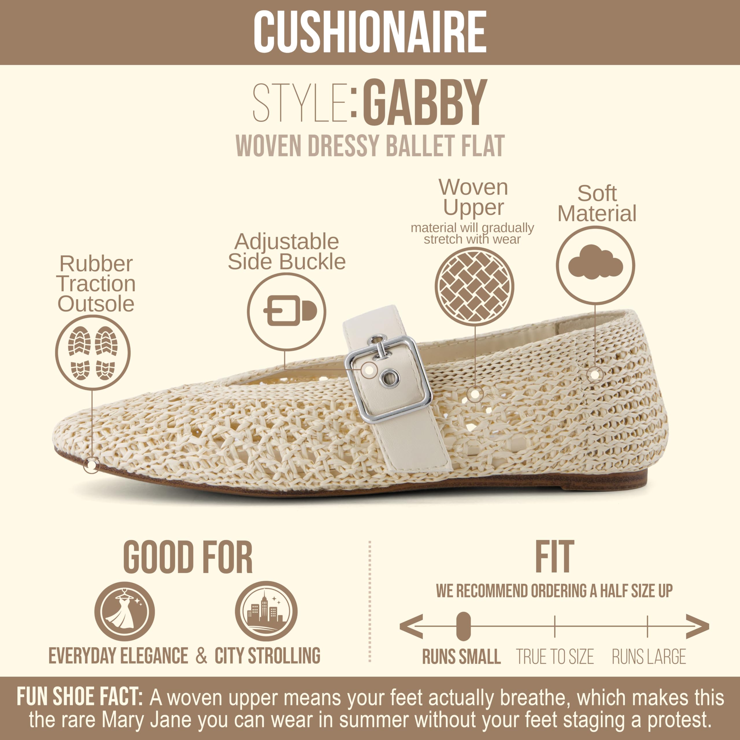 CUSHIONAIRE Gabby Woven Mary Jane Ballet Flats for Women, Comfortable Dressy Flat Shoes with Adjustable Gold-Tone Buckle and Memory Foam Cushioning — view 4