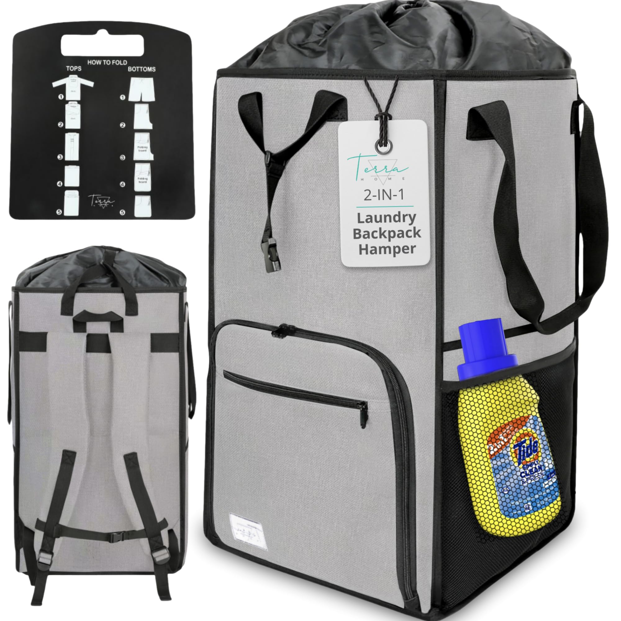 Terra Home Portable Extra Large Laundry Bag, College Dorms Apartment Essentials with Chest Strap, Shirt Folding Board Collapsible Foldable Laundry Bag