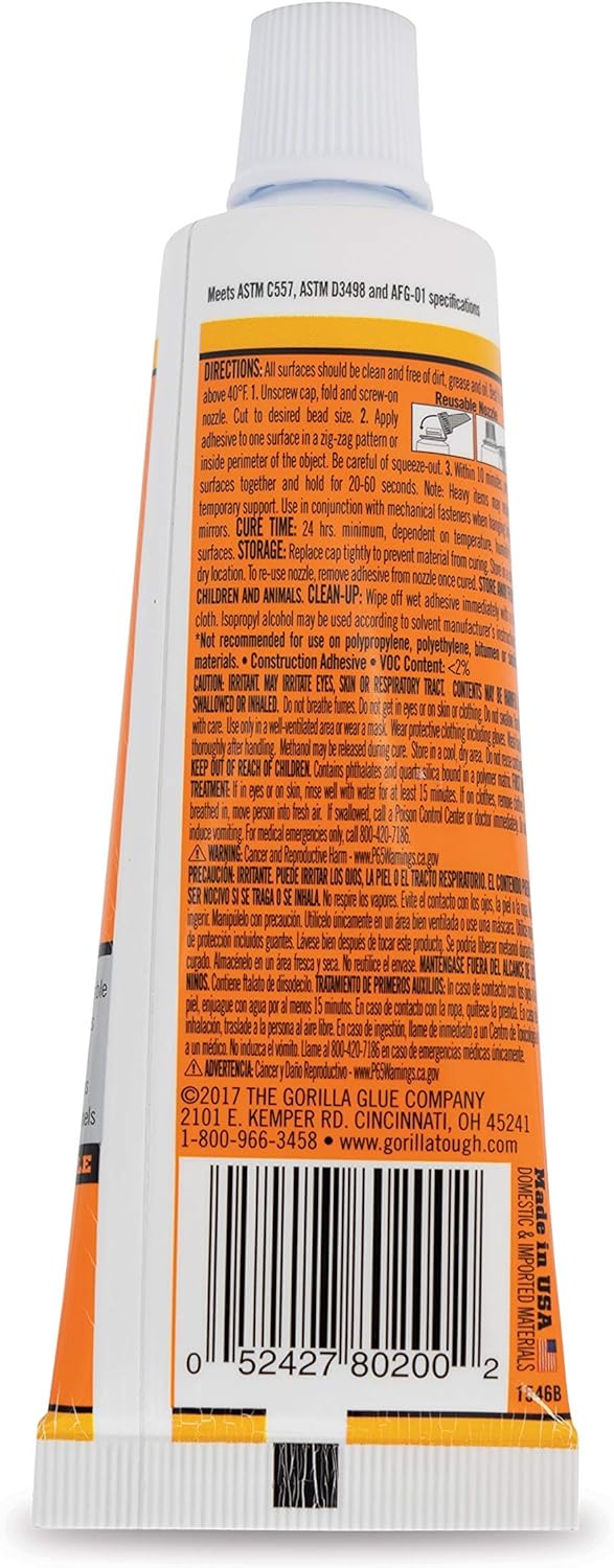 Gorilla 2-Pack Heavy Duty Construction Adhesive, 2.5 Ounce Squeeze Tube, White
