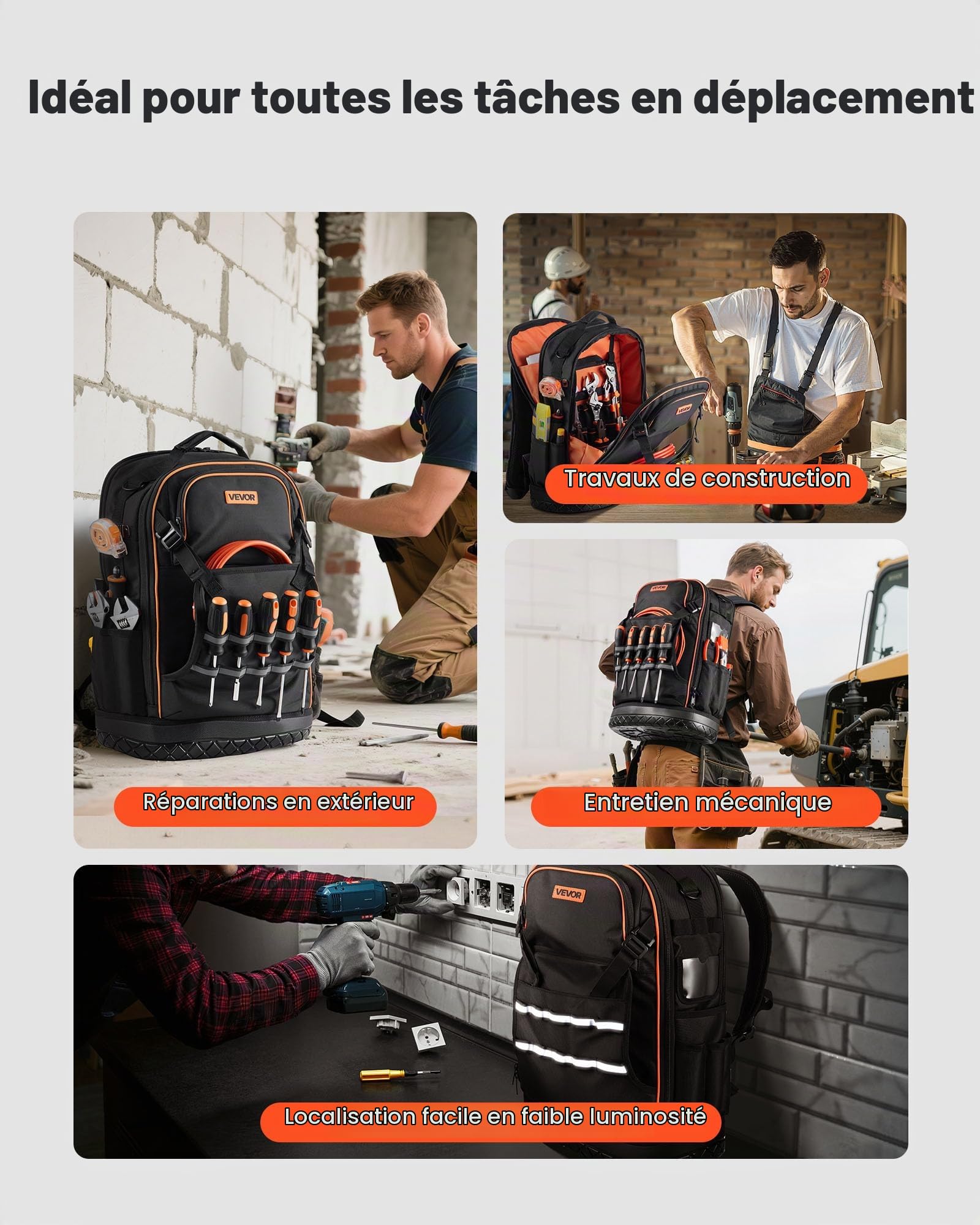 VEVOR Sac à Dos à Outils, Charge 31,75 kg, Sac à Outils 37x19,5x52 cm avec 65 Poches, Compartiment Ordinateur Portable, Base, Organisateur à Outil Robuste pour Chantier, Électricien, Réparateur CVC