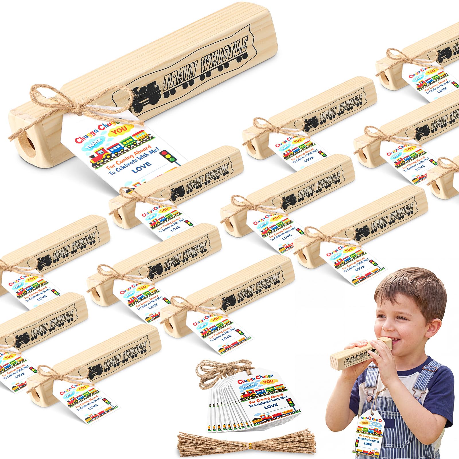 Lenwen 12 Pack Wooden Train Whistles for Boys Girls with Thank You Tags, 4 Tone Wood Whistle Party Favors for Train Theme Birthday Party Supplies, Carnival Prizes, Goodie Bag Fillers
