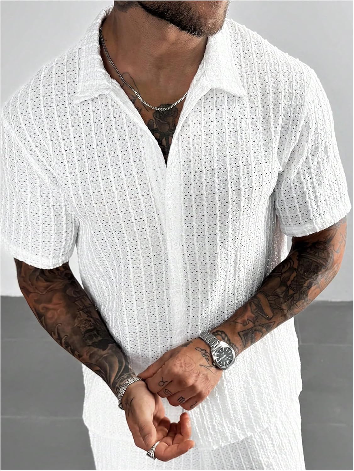 SOLY HUX Men's Textured Button Down Shirt Short Sleeve Collared Hollow Out Beach Vacation Summer Casual Shirts - Image 4
