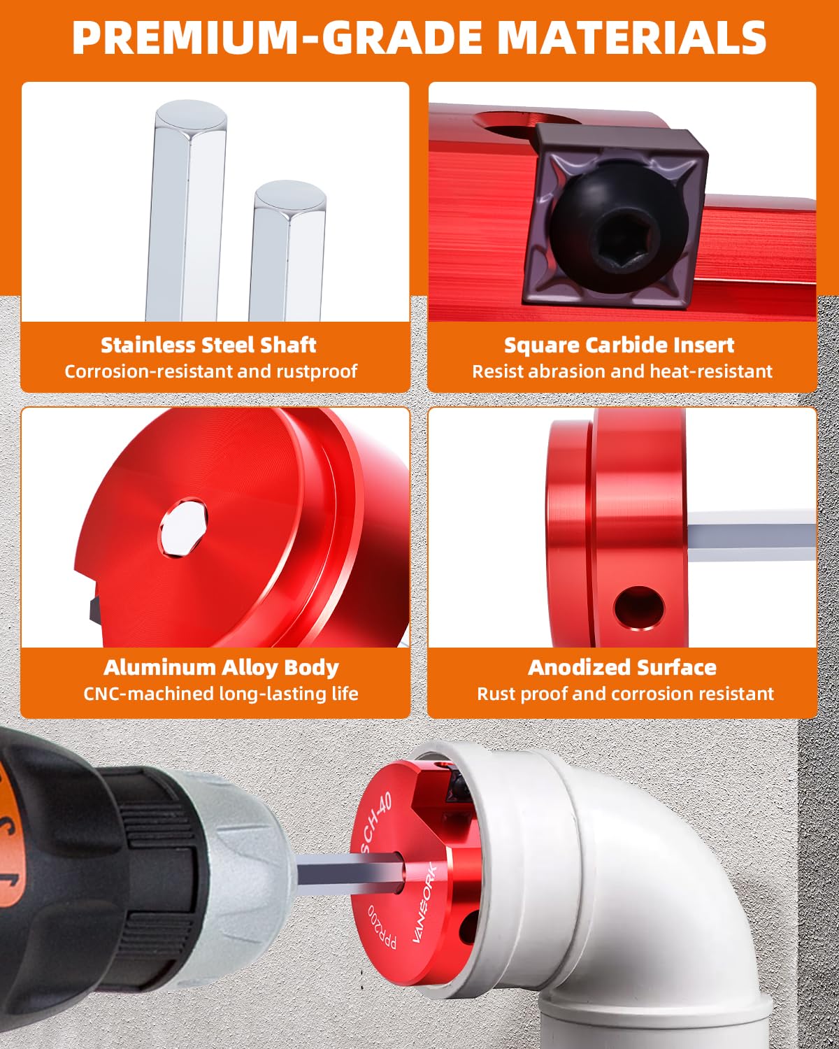 8 piezas de ahorro de ajuste de PVC, escariador de PVC con cabezal de 3/10.2 cm, 2.5 cm, 1-1/10.2 cm, 1-1/5.1 cm, 5.1 cm, 7.6 cm, 10.2 cm, 10.2 cm, encaja en taladros estándar de 1/5.1 cm,