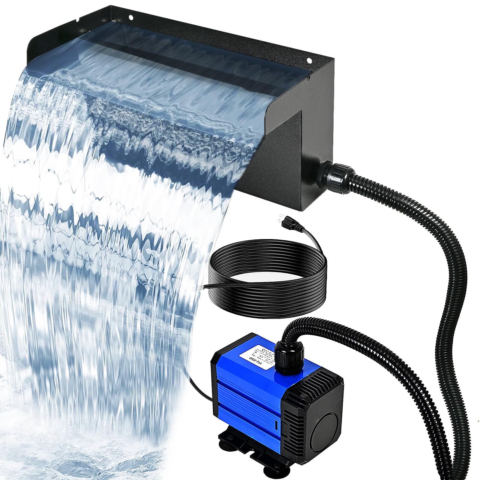 Pond Waterfall Spillway Kit With 750GPH Pump – 8” Stainless Steel Waterfall Box, 50W Submersible Pump & Bellows, All-in-One