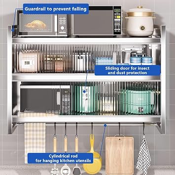 Stainless Steel Wall-Mounted Kitchen Armoire with Sliding Door and Hanging Bar Office Metal Storage Cabinet (100x32x46cm) - Modern Space-Saving Furniture