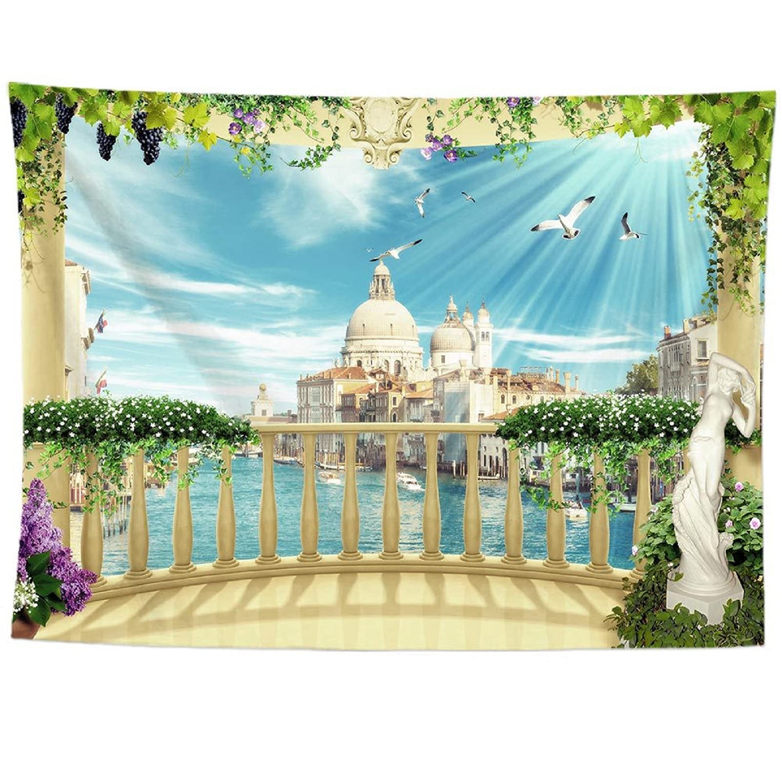 izielad Lake Flowers Palace Balcony Tapestry Wall Hanging Fabric Wall Décor 150X230CM 59X90.5IN