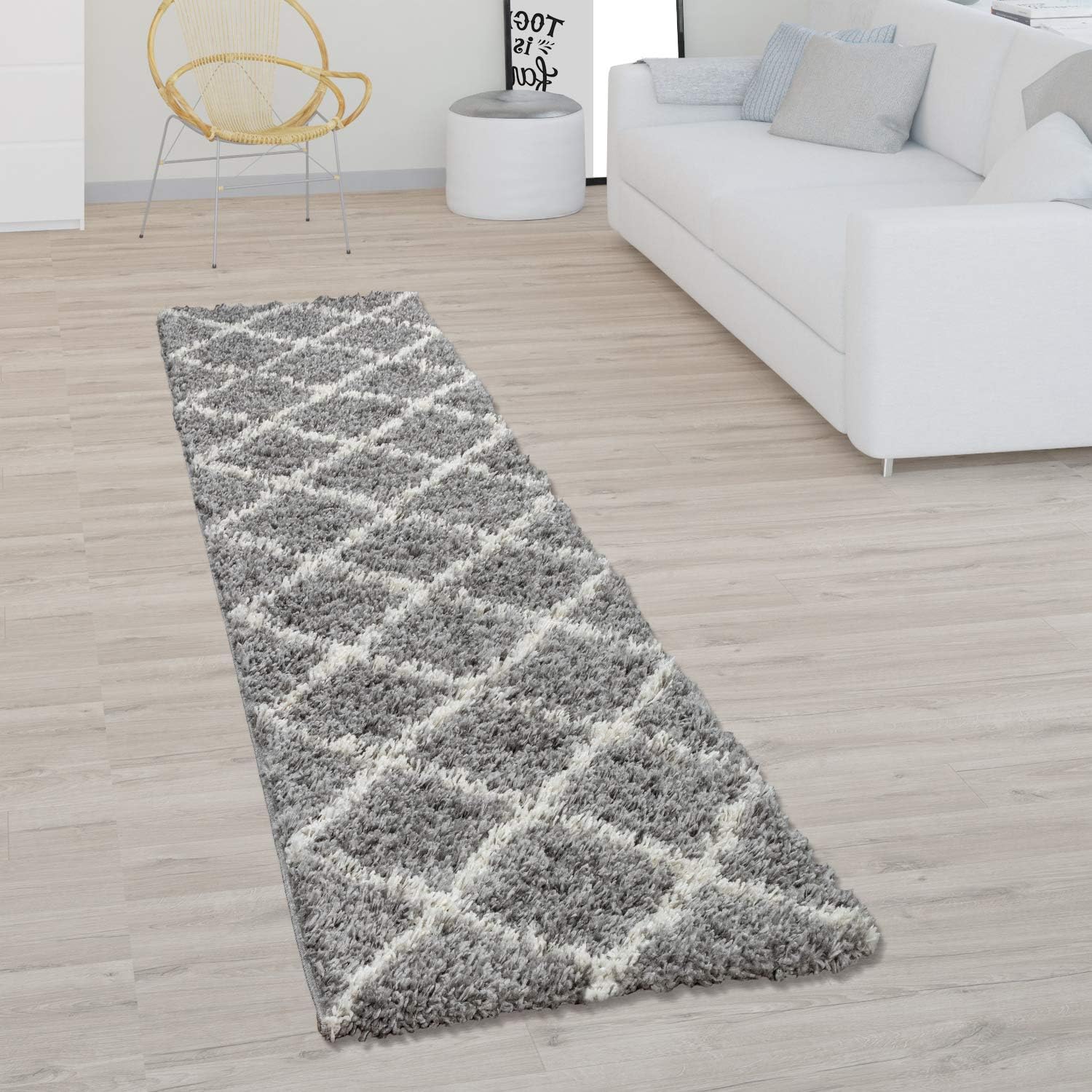 Paco Home Shag Rug in Grey with Diamond Pattern, Scandinavian Design, Size: 2'8" x 9'10"