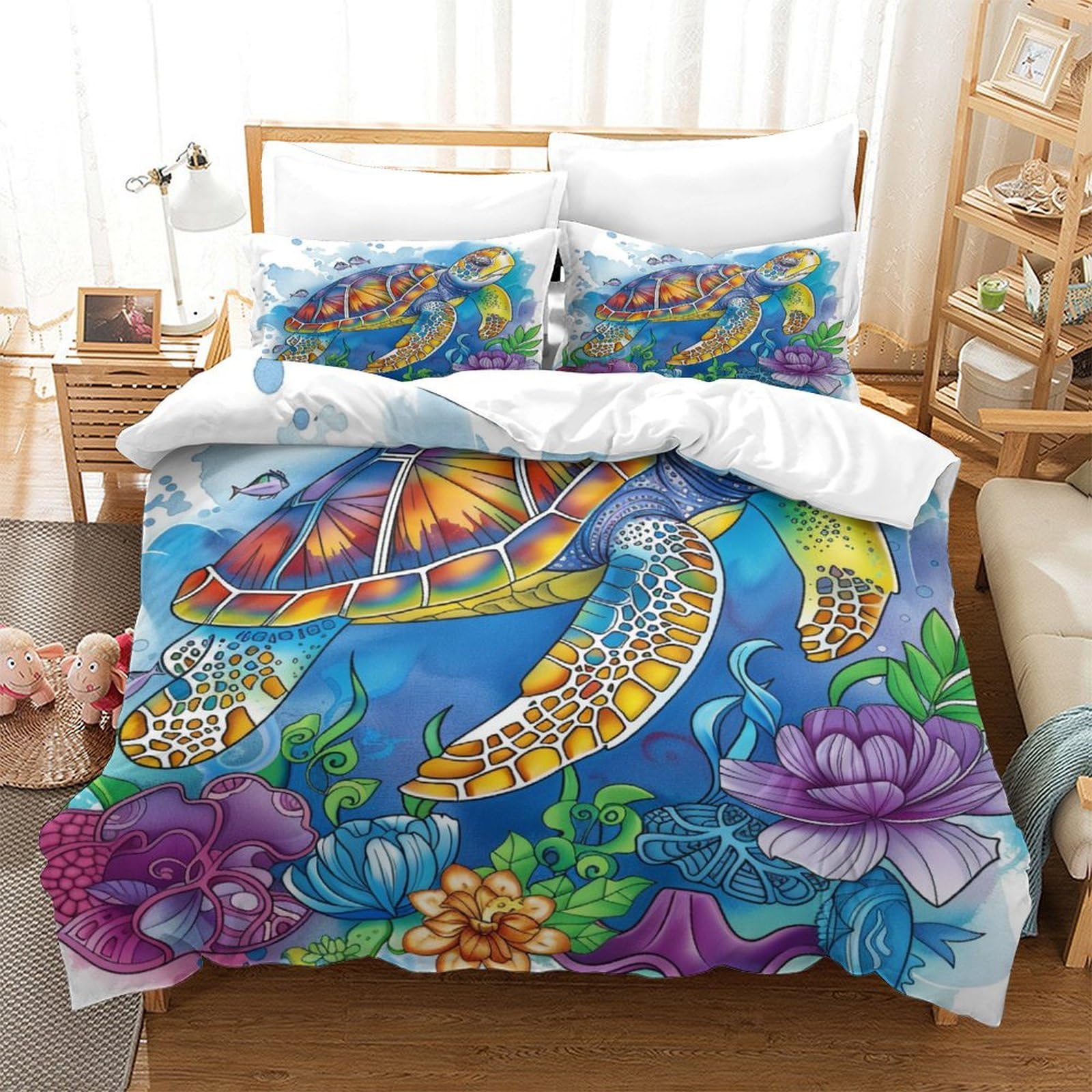 P1s9u7w5y Sea Turtle-7 Ocean Theme 3D Printed Turtle Floral Duvet Cover Set 3Pcs Microfiber Marine Bedding Set King（220X240cm）