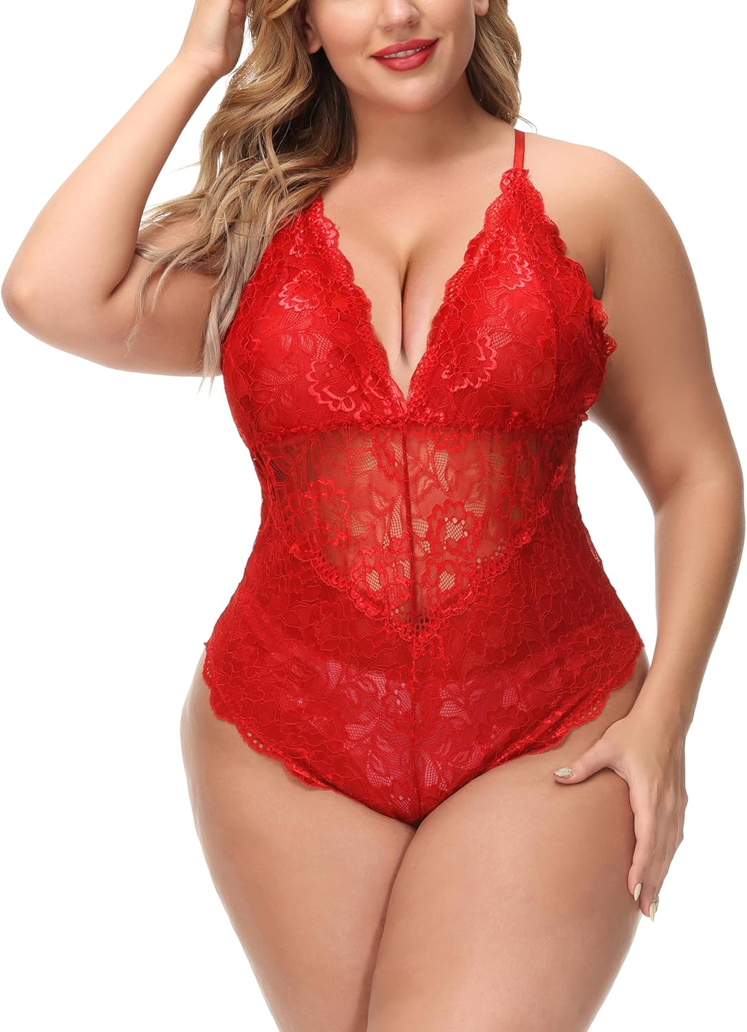 Aranmei Sexy Plus Size Teddy Lingerie,Snap Crotch Lace Bodysuit,Deep V One Piece Lingerie for Women 1X-4X - Image 3