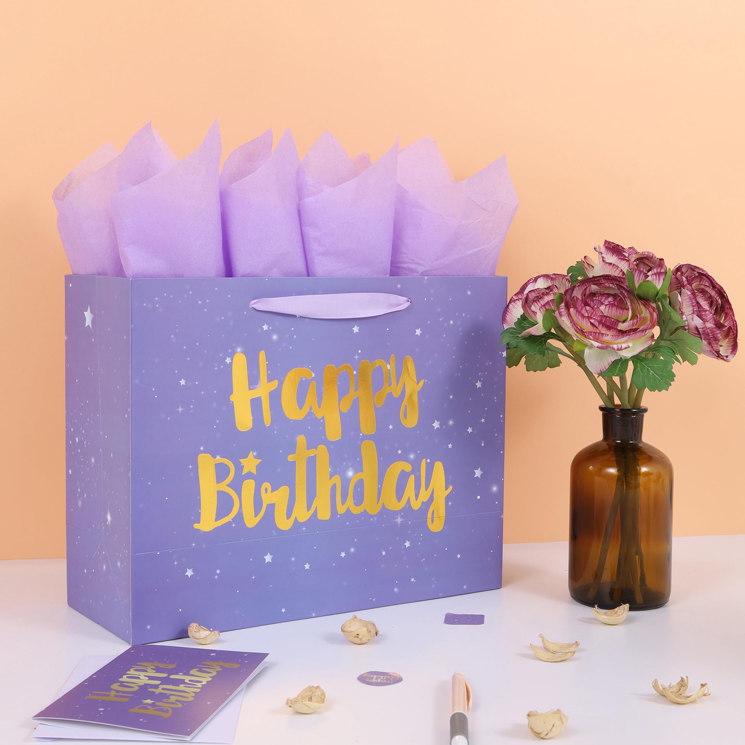 Qirrmiy 13” Large Purple Happy Birthday Gift Bag Set with Handles, Greeting Card, Lavender Tissue Papers and Stickers for Women Girls Kids, Stars Design, 1 Pcs.