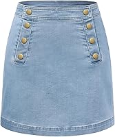 BellePoque Women's High Waisted Denim Mini Skirt - Button Front Sailor Jean with Back Patch Pockets