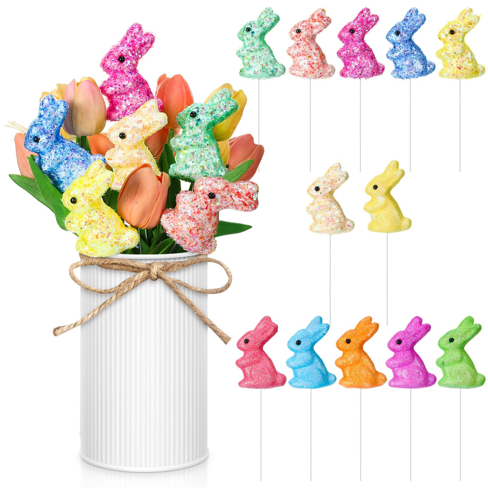 Yinder 24 Pcs Glitter Easter Picks Bunny Foam Picks Decoration 9.5" 3D Double-sided Decorative Floral Arrangement Pick for Vase Filler Home Colorful Rabbit Decor for Cake Farmhouse Party Supplies-image-15