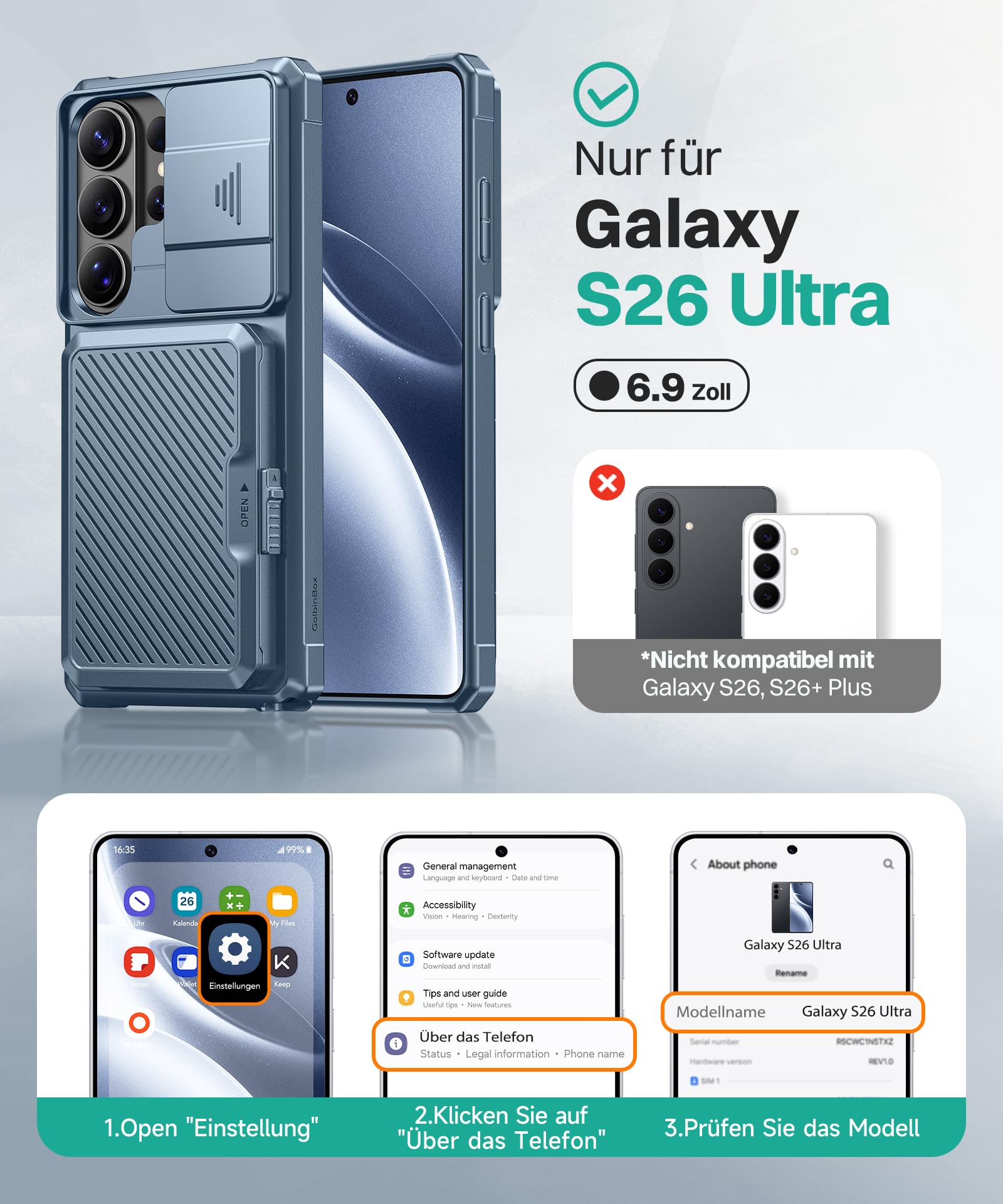 für Samsung Galaxy S26 Ultra Hülle mit Kartenhalter & Kameraabdeckung, integriertem Sicherheitsschloss und RFID-Schutz,[fasst 4–5 Karten oder Bargeld]Galaxy S26 Ultra Wallet-Hülle 6,9'', Libellen-Blau