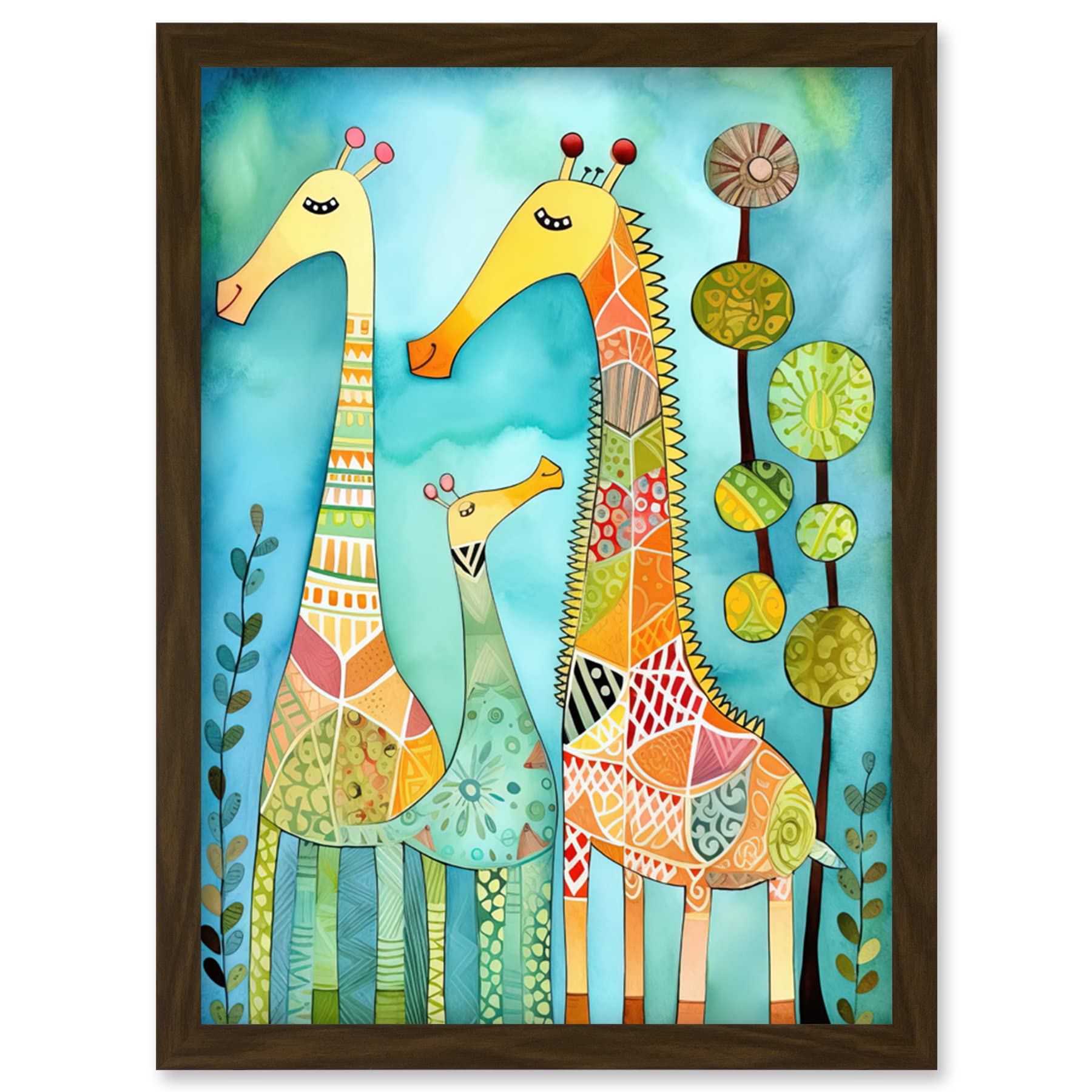 Artery8 Folk Art Giraffes Fun Cute Kids Bedroom Painting Artwork Framed Wall Art Print A4