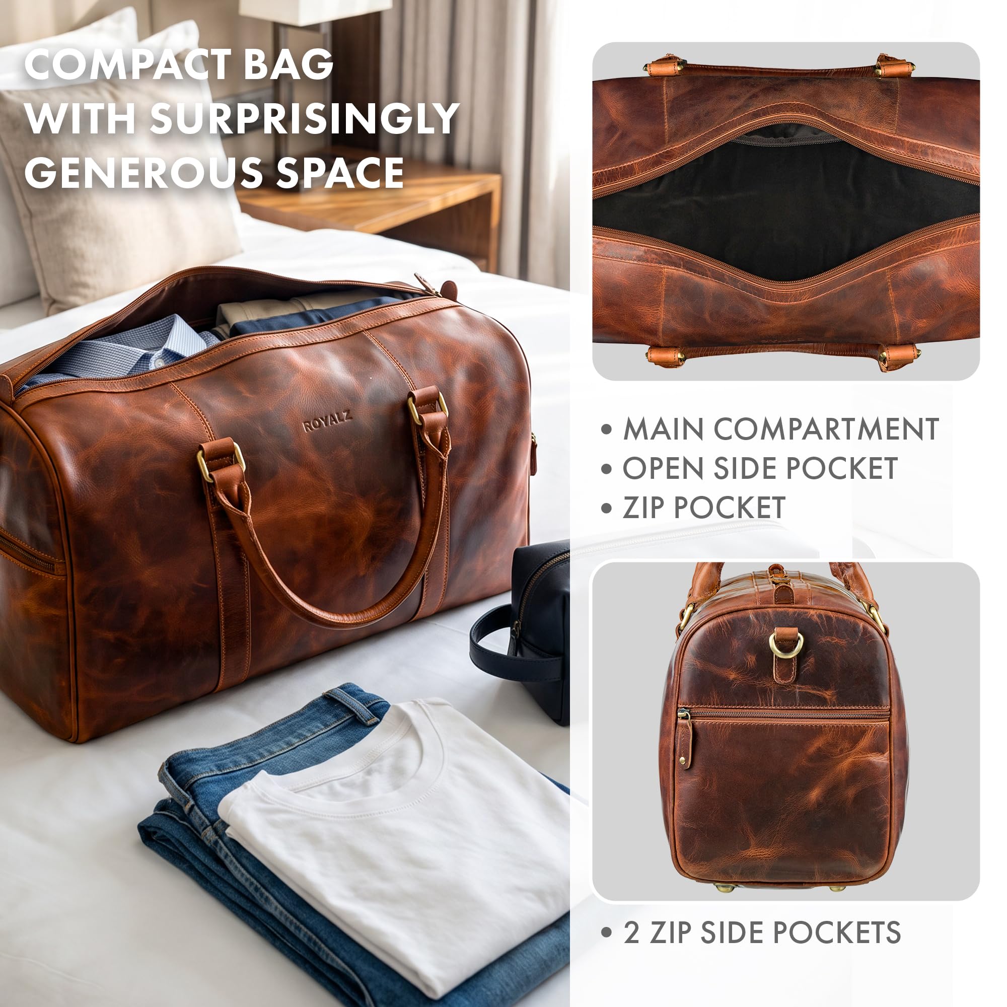 ROYALZ Palermo Premium Weekender męska, skórzana mała, do zawieszenia – mała torba podróżna, bagaż podręczny, rozmiar na krótkie wycieczki, do pracy, w podróży i z prawdziwej skóry, kolor: czarny