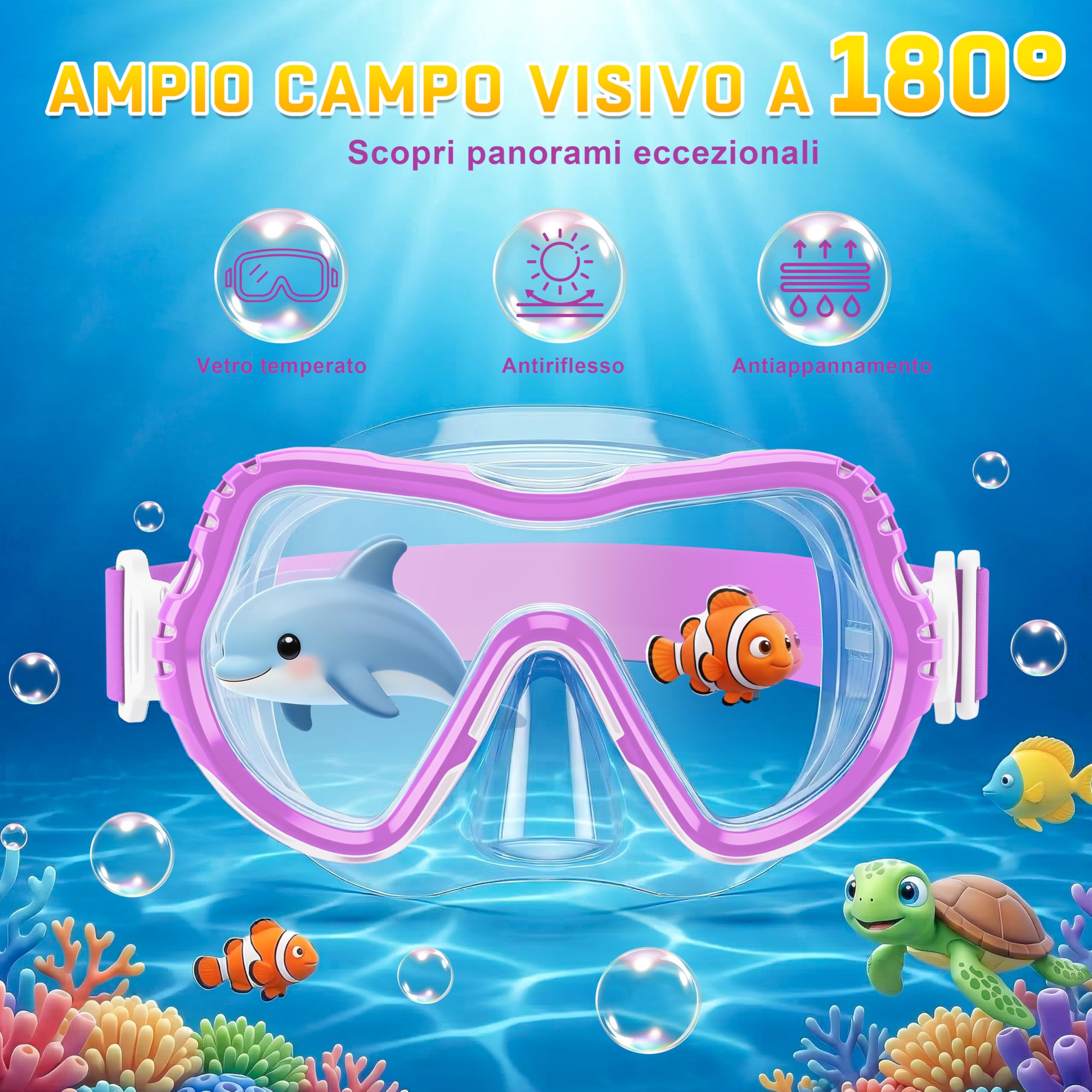 IEEILULU Maschera Subacquea Bambini Occhialini Boccaglio Tappi Impermeabili Retina Antiappannamento Visione Panoramica 180° HD 4 Colori