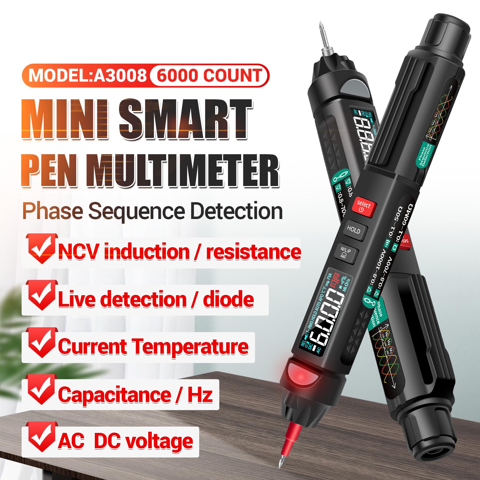 Digitales Multimeter, Sunydog A3008 Multimeter mit Stift, digitales Multimeter, 6000 Counts mit LCD-Display, Hintergrundbeleuchtung, NCV-Taschenlampe, automatische Abschaltung, Mehrfachzubehör für