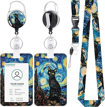 Anseal Cat Lanyards for Id Badges, Retractable Starry Night Name Tag Badge Holder with Keychain, Vertical Id Credit Card Holder Badge Reel for Nurse Teacher Studentfor