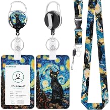 Anseal Cat Lanyards for Id Badges, Retractable Starry Night Name Tag Badge Holder with Keychain, Vertical Id Credit Card Holder Badge Reel for Nurse Teacher Studentfor