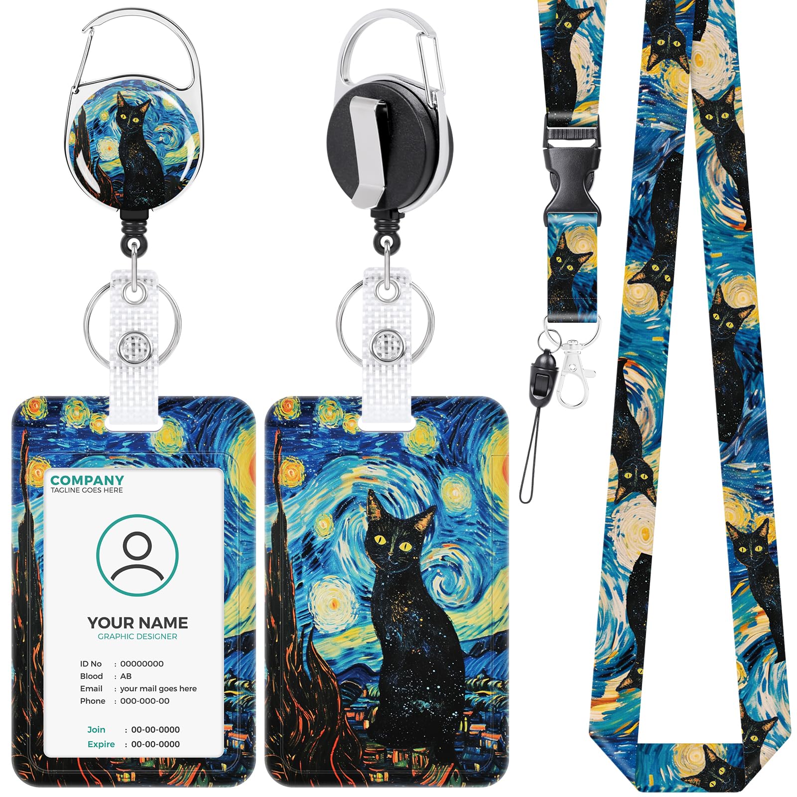 Anseal Cat Lanyards for Id Badges, Retractable Starry Night Name Tag Badge Holder with Keychain, Vertical Id Credit Card Holder Badge Reel for Nurse Teacher Studentfor