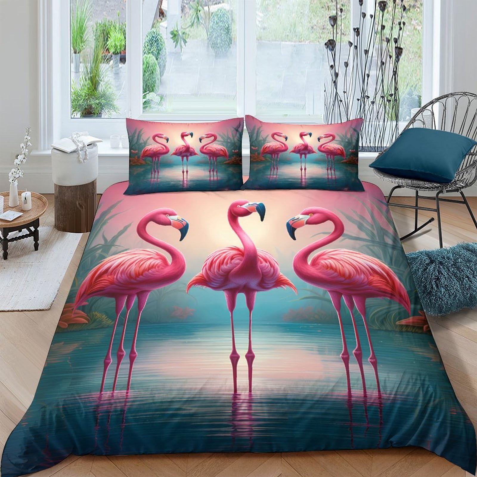 Ctjqhvkz Style-4 3D Printed Pink Flamingo Fitted Sheet Microfiber Soft Breathable Sunset Lake Bed Cover For Bedroom Dorm Mattress Decor Single（135X200cm）