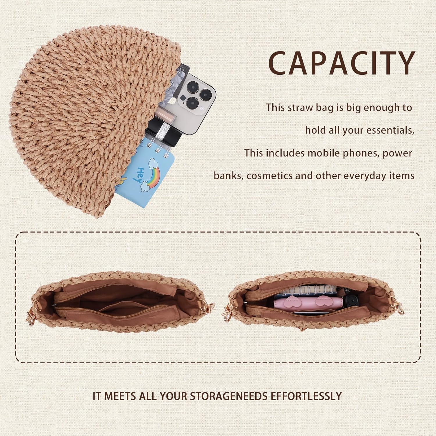 Fecialy Handmade Straw Crossbody Bag for Women Semicircle Woven Handbag Summer Beach Shoulder Bag - Image 5