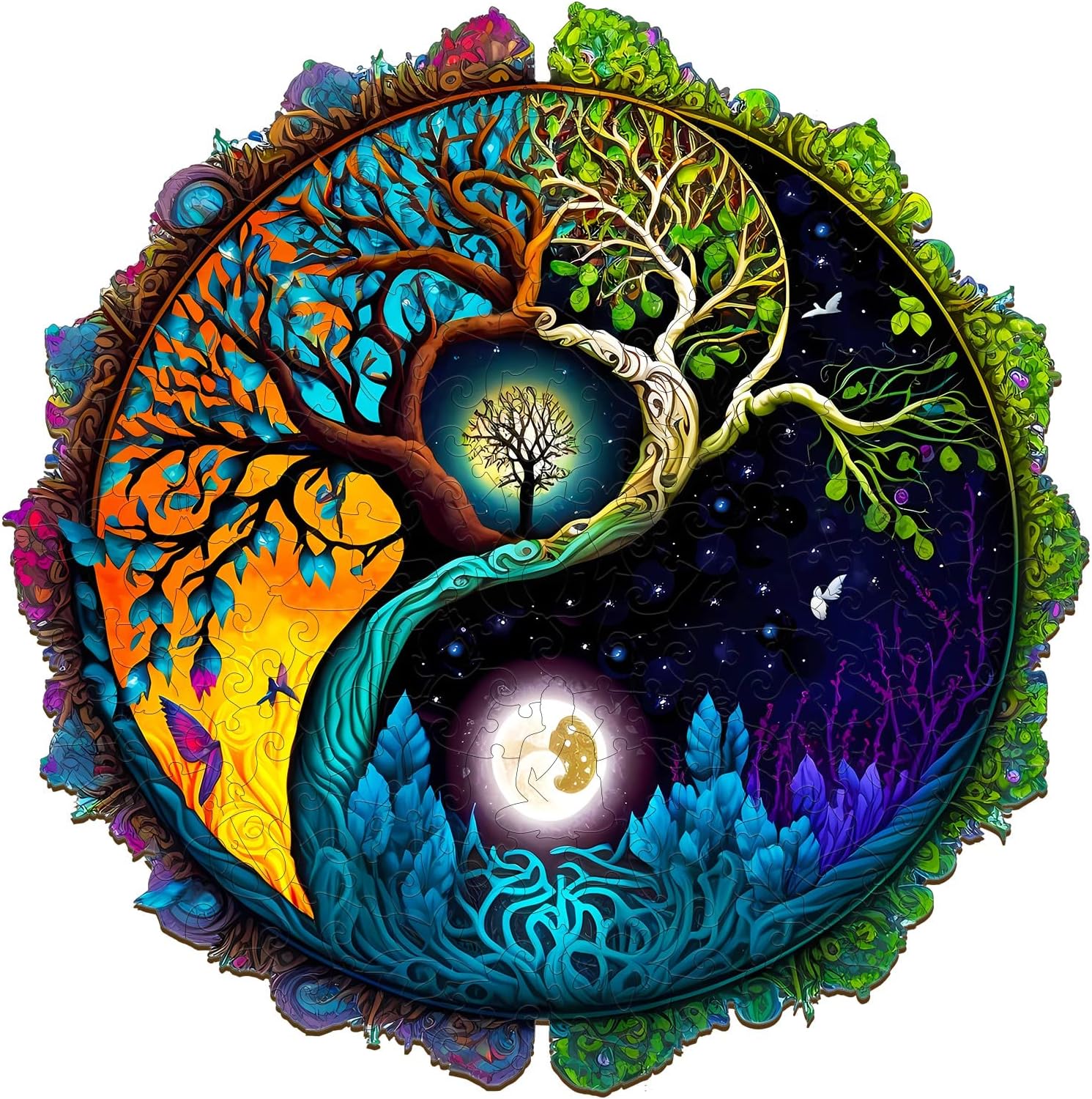 WOODBESTS Yin Yang Tree Life Puzzle, Wooden Jigsaw Puzzle for Adults (S, 100pcs, 7.9"x7.9") Beautiful Wooden Box, Puzzle Wood Unique Shape, Birthday Gifts for Adults and Kids Family Game