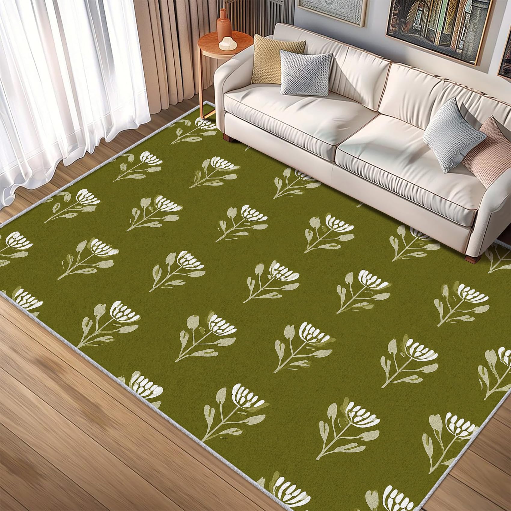 Tapis d'intérieur à Motif Floral Blanc, Lavable, pour Salon ou Chambre, Motif Floral Vert Sauge, Doux et antidérapant, 160x230cm Vert Sauge