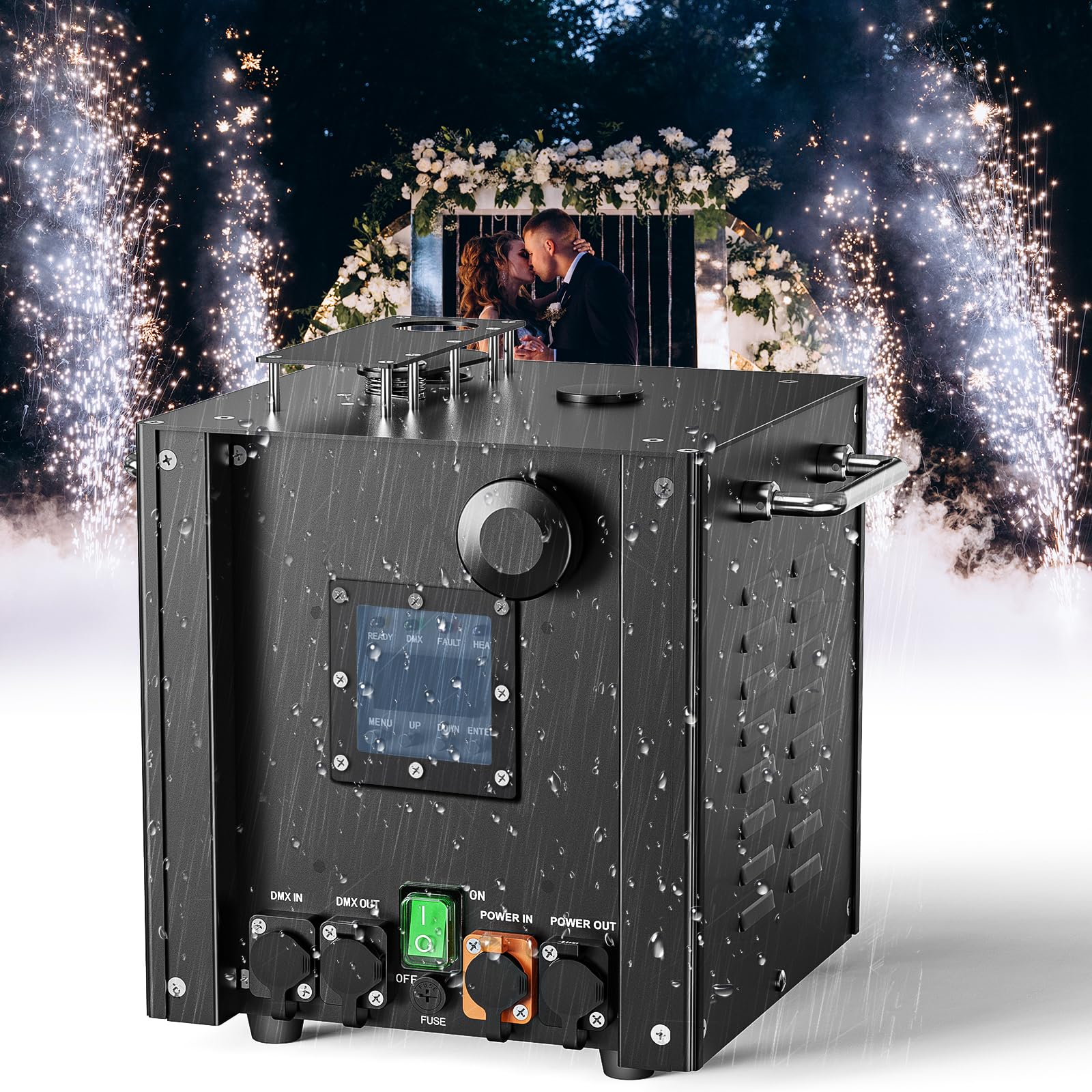 700W Wasserdicht Pyrotechnikmaschinen, Cold Spark Feuerwerksmaschine LCD Display d-mx512 BüHneneffekt Effekt Machine mit Fernbedienung für Bar Party Halloween Weihnachten Hochzeit, 1 Stück