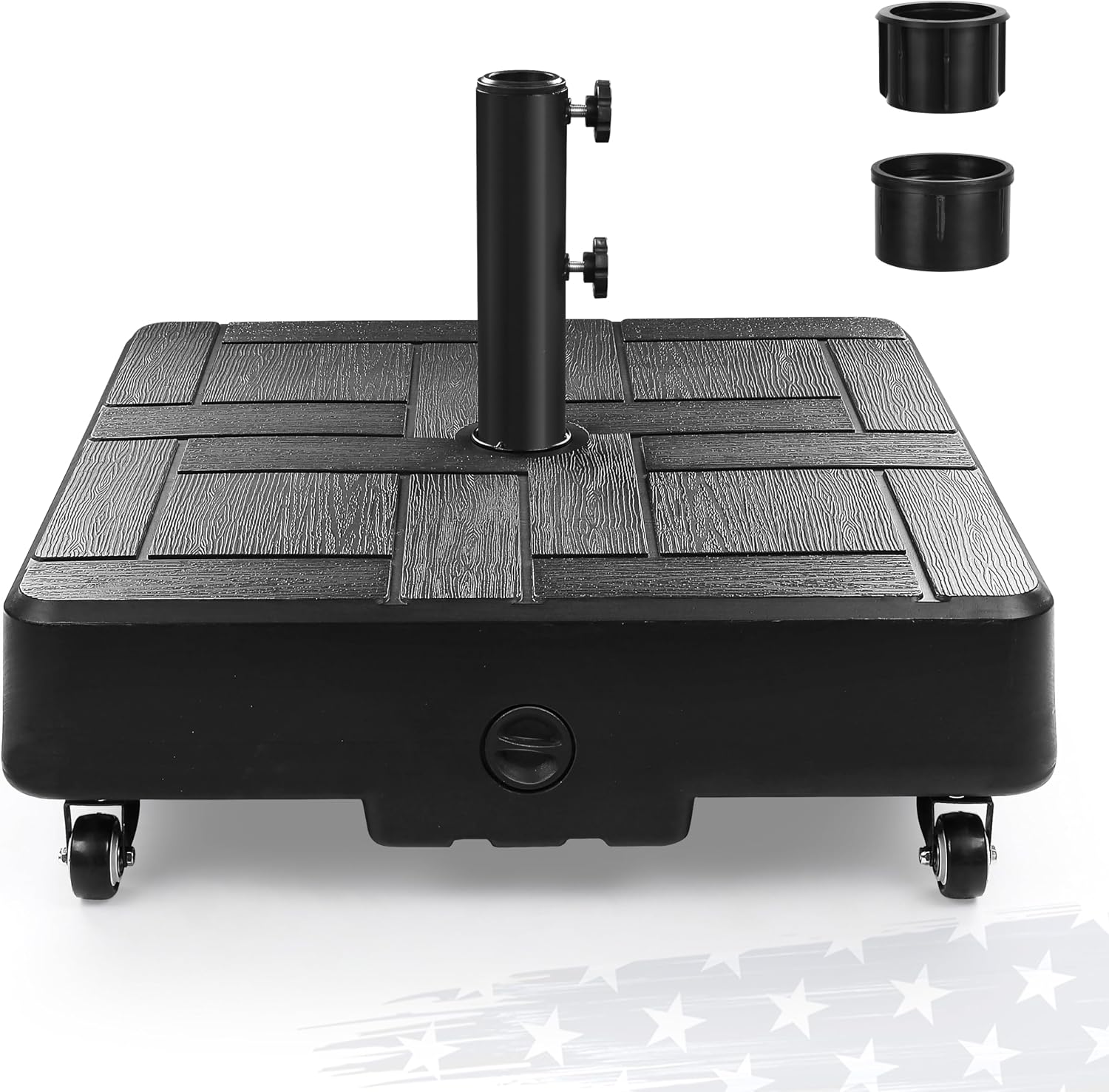 FRUITEAM Patio Umbrella Base Heavy Duty with 4 Wheels, Fillable Mobile Umbrella Base,Square Market Stand for Patio,Deck, Outdoor with 2 Locks 1 Knobs, 120lb Capacity