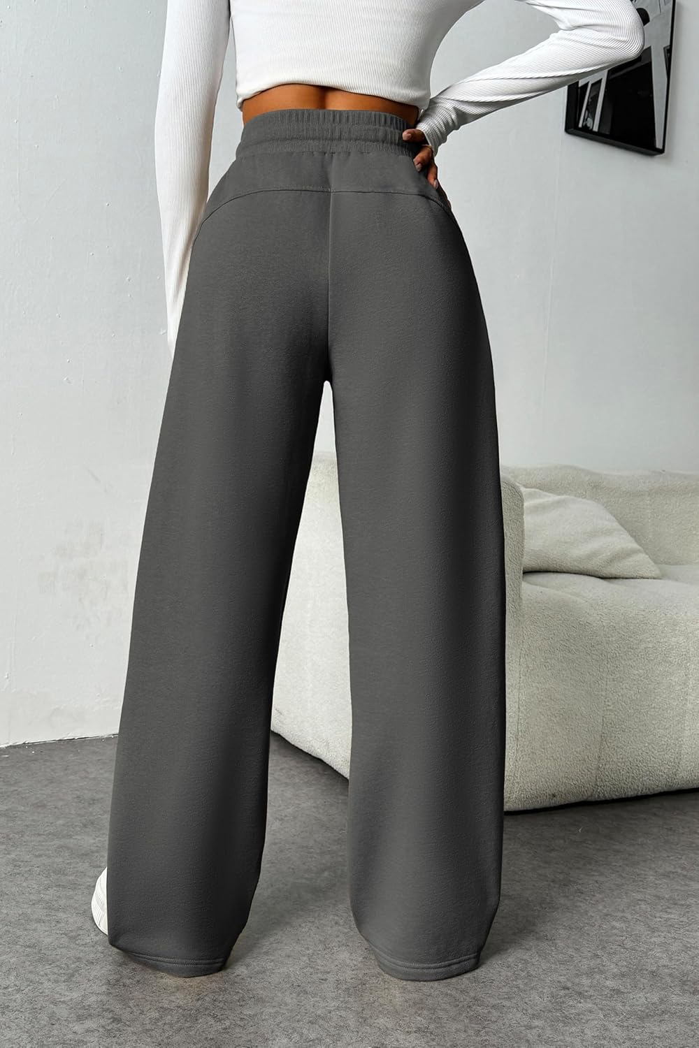 PINSPARK Womens Fleece Wide Leg Sweatpants High Waisted Athletic Sweat Pants Winter Baggy Workout Pant with 2 Pocket - Image 2