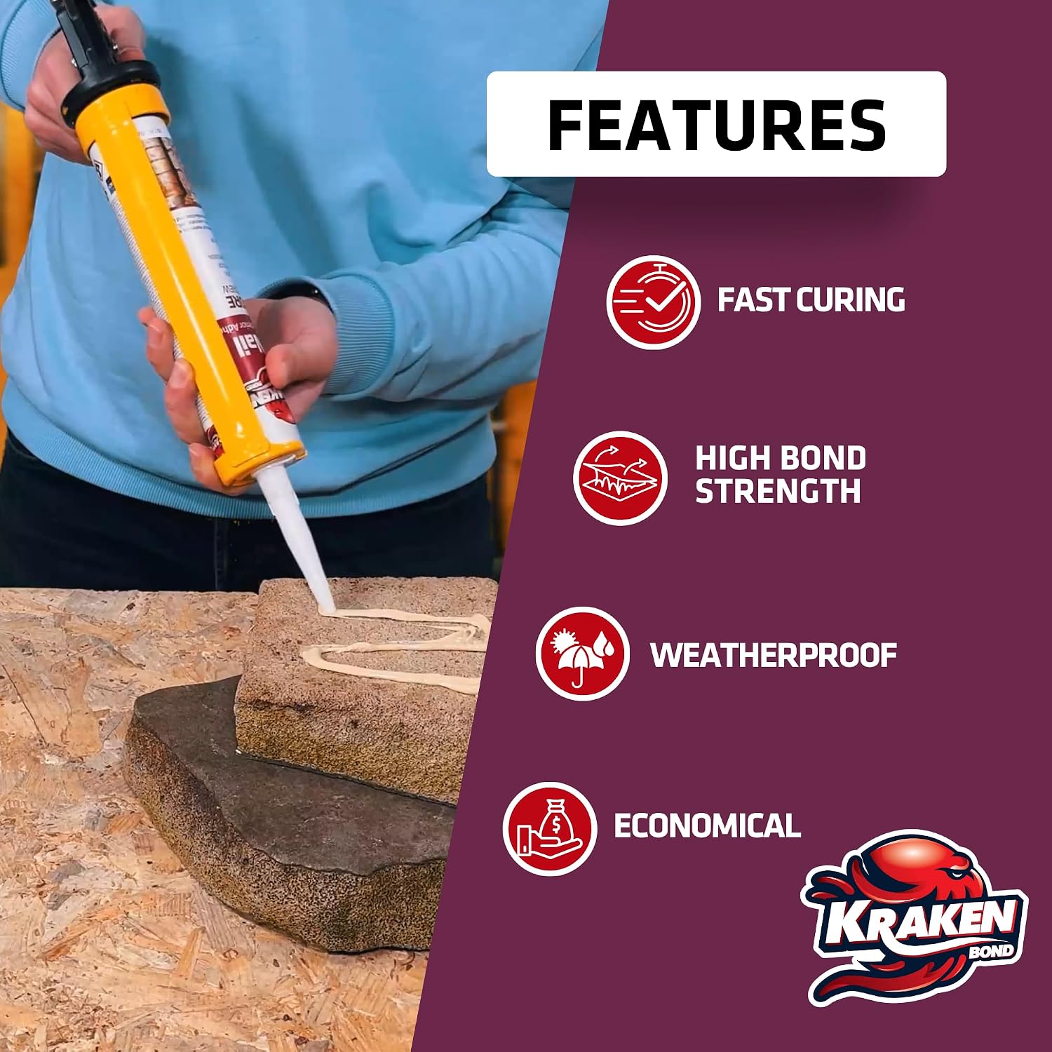 KRAKEN BOND No More Nails Clear Polyurethane Adhesive - 100% Waterproof (D4) and Sealant for Wood, Ceramic, Tile, Floor, Granite, Rubber | 12 Pack, 10.1 Fl. Oz.