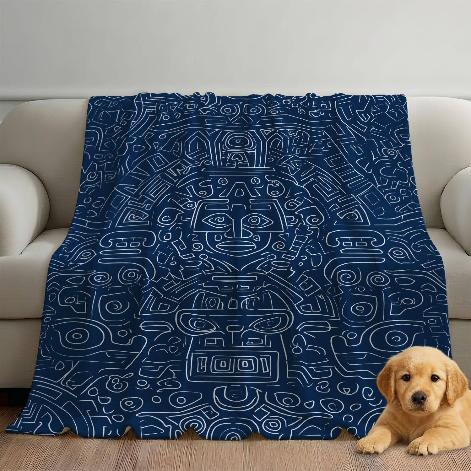 Générique Niebiesko-biały koc flanelowy z tradycyjnym wzorem kultury, symbol symetrii, przytulny koc 180 cm x 200 cm, na łóżko, sofę, wystrój pokoju dziecięcego