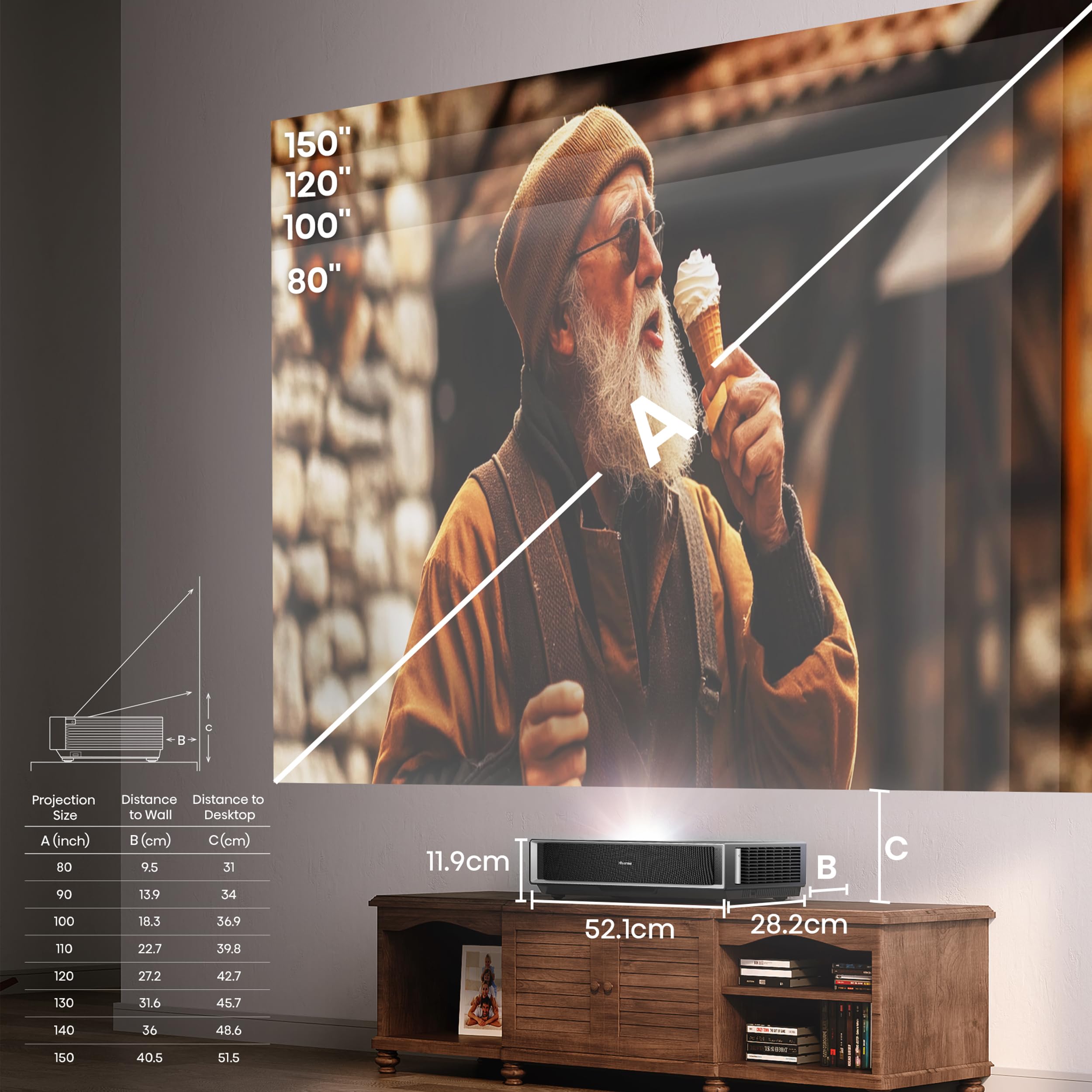 Hisense PT1SE - Vidéo-Projecteur Laser 4K Trichroma, Ultra Courte Focale (80" à 150"), 2300 Lumens ANSI, Dolby Vision & Atmos, Smart TV VIDAA, HDMI 2.1, Noir