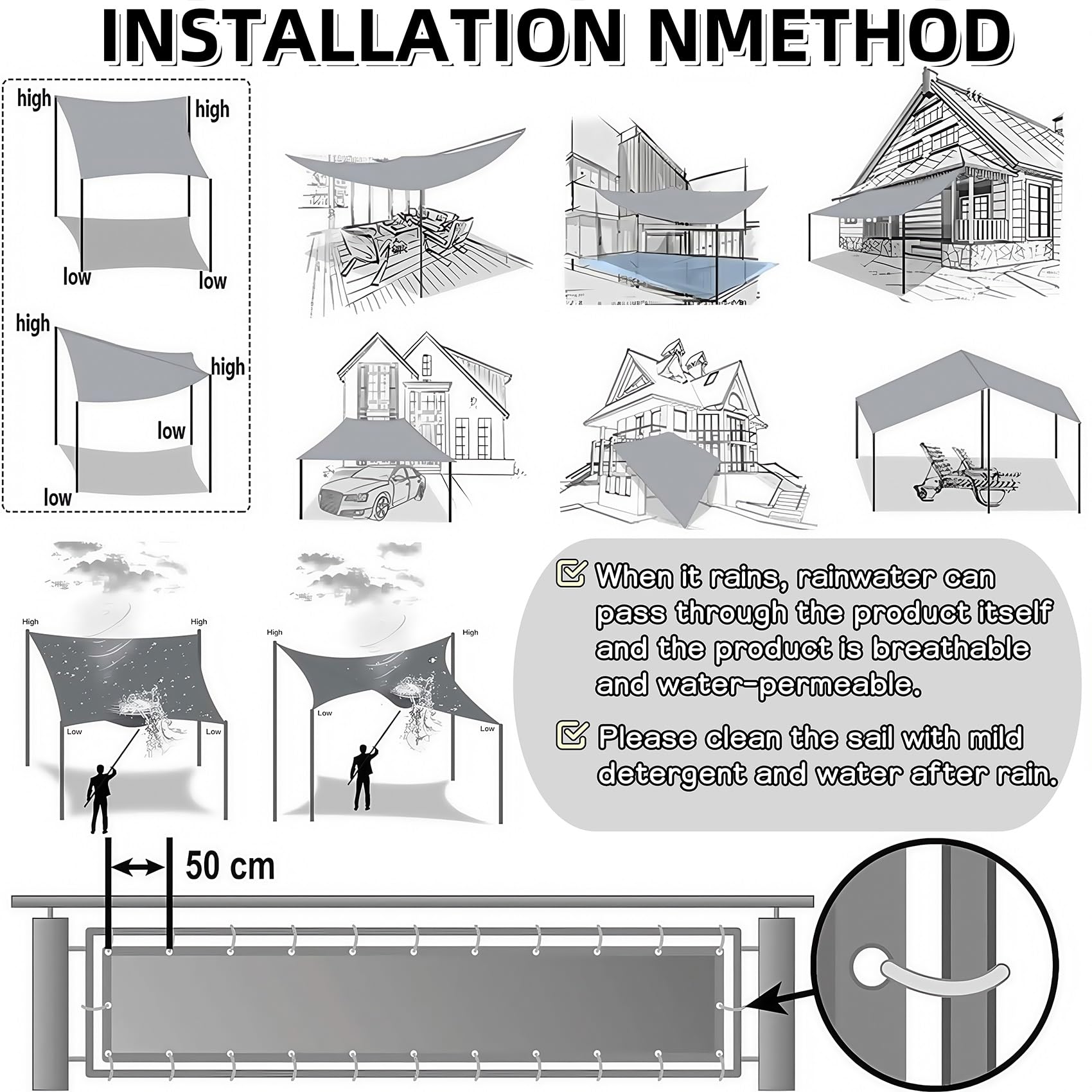Sonnensegel Sonnenschutz inkl Befestigungsseile 200 x 250 cm, Sonnenschutz UV Schutz Windschutz, Reißfest, Sonnensegel HDPE Rechteckig für Garten, Outdoor, Balkon, Hellgrau