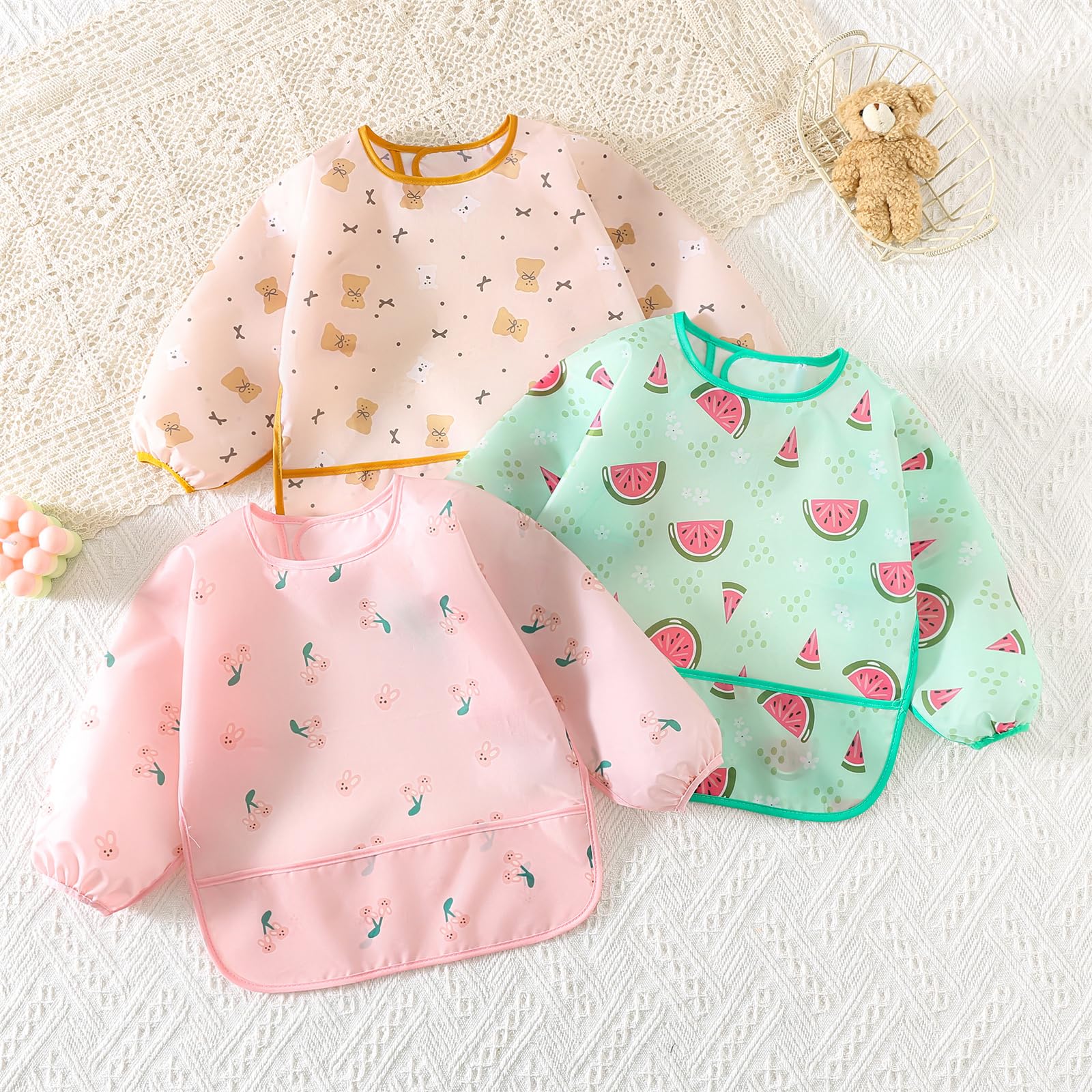 Bavoirs Manches Longues, 5 Pièces, Bebe Bavoir Imperméable Tablier d'Alimentation avec Poches 3-30 Mois