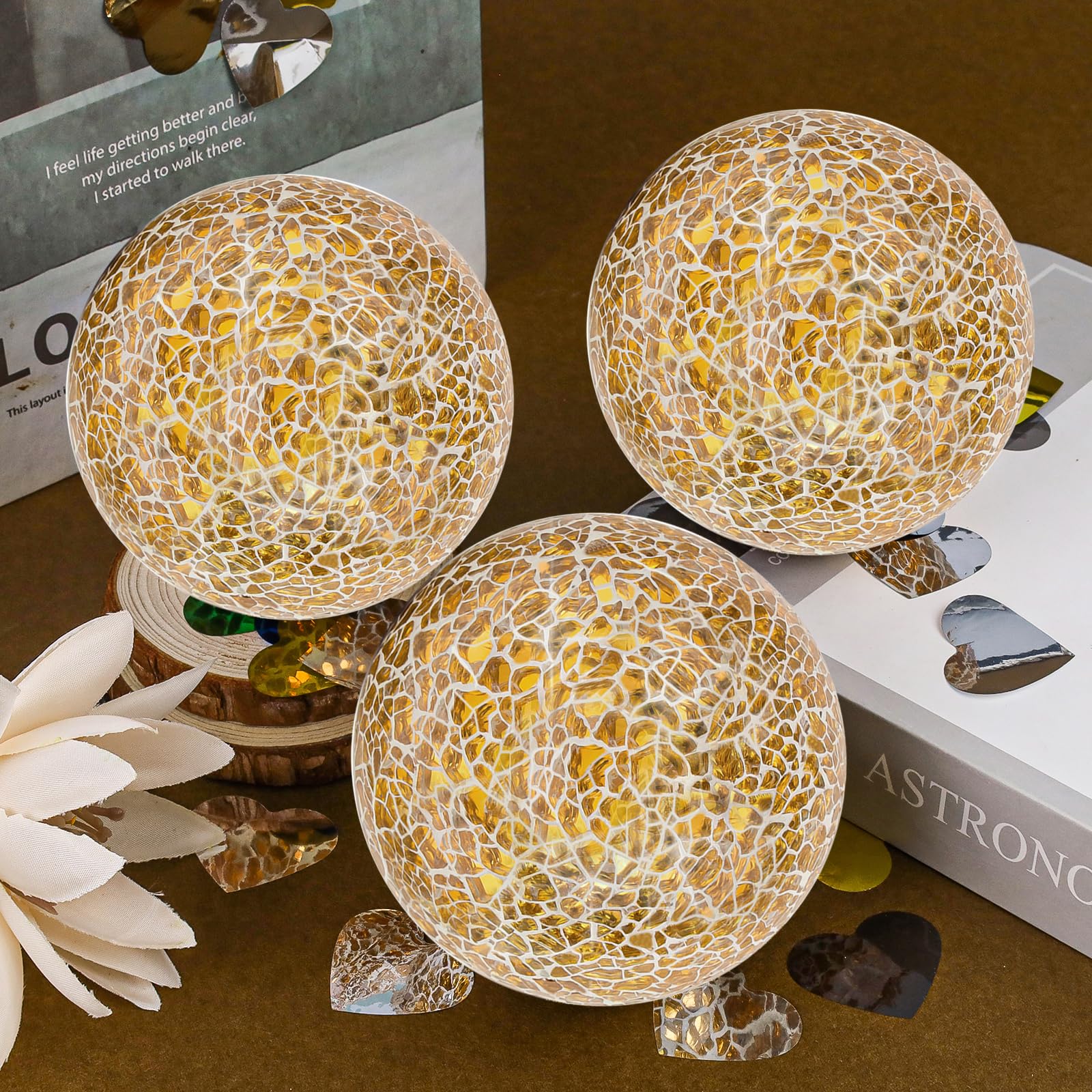 3Pcs Mosaico Sfera di Vetro 8cm Rotondo Crackl Orbs per Ciotole Vasi Tavolo da pranzo Centrotavola Decorazione della Casa - Oro
