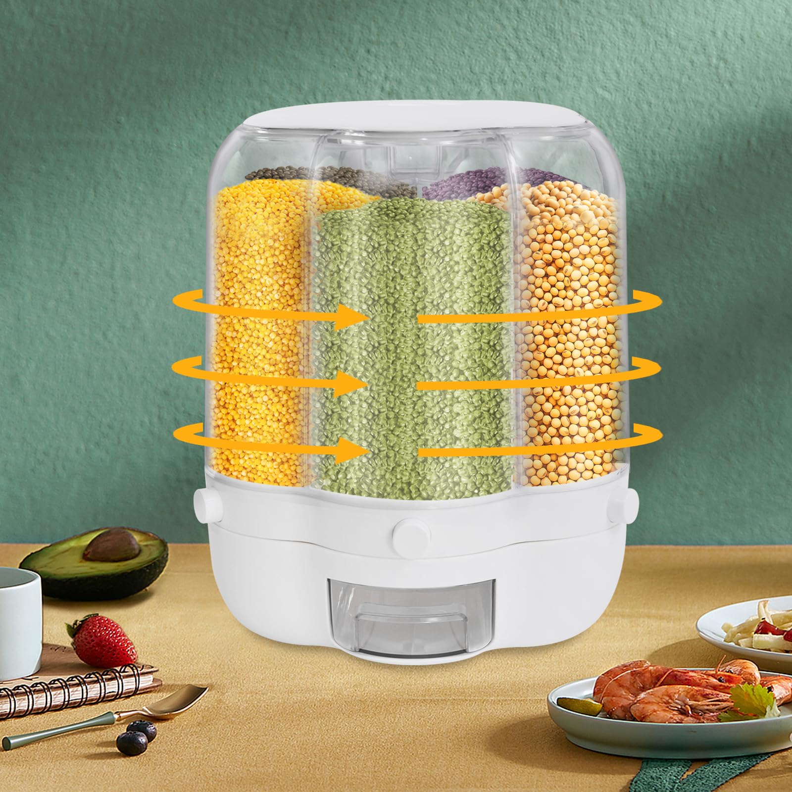 Dispenser girevole per cereali, 6 scomparti, girevole a 360°, trasparente, per farina di riso e noci in cucina e dispensa