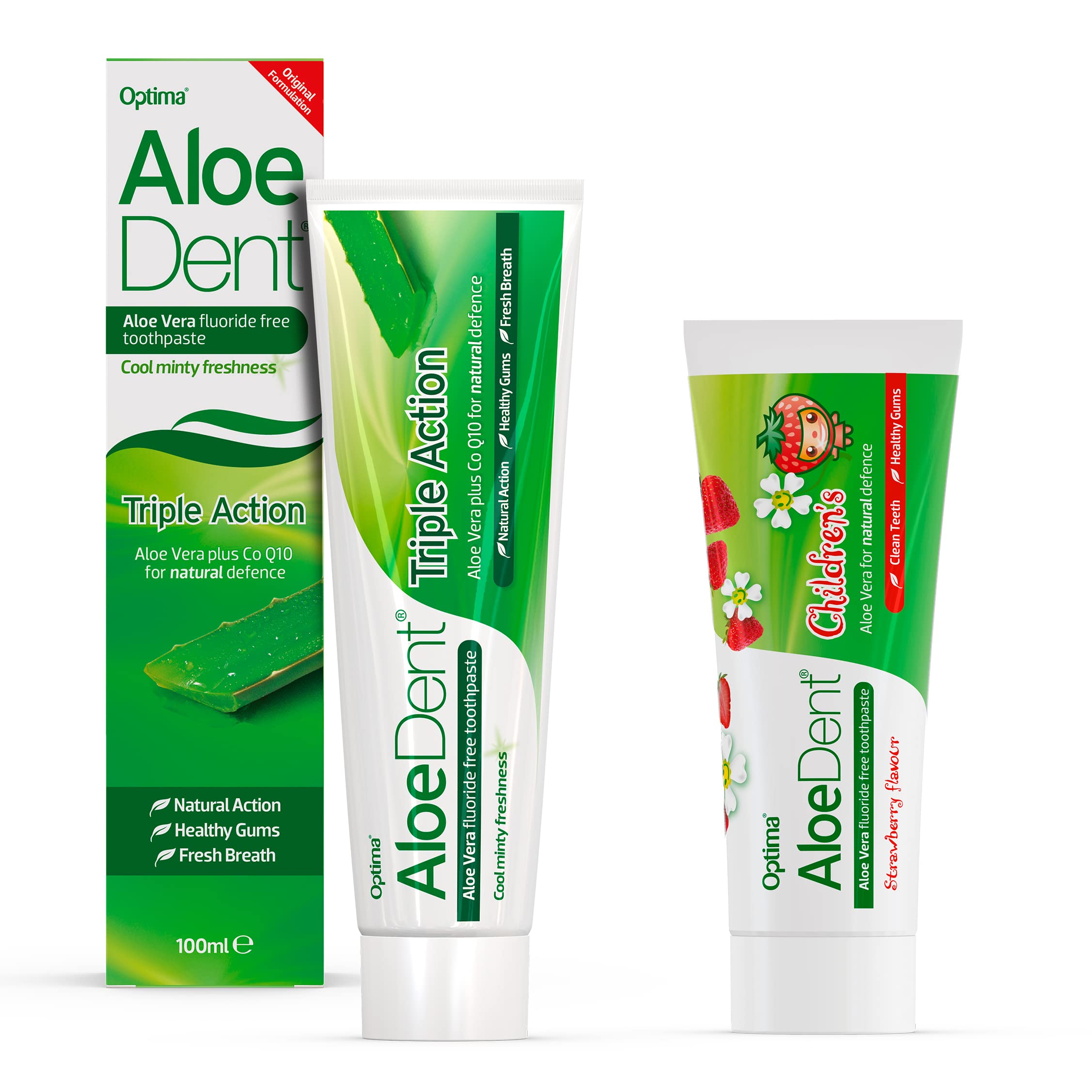Triple Action Aloe Vera Toothpaste and Children's Toothpaste, Fluoride Free, Natural Action, Vegetarian, Cruelty Free, SLS Free, CoQ10, Healthy Gums