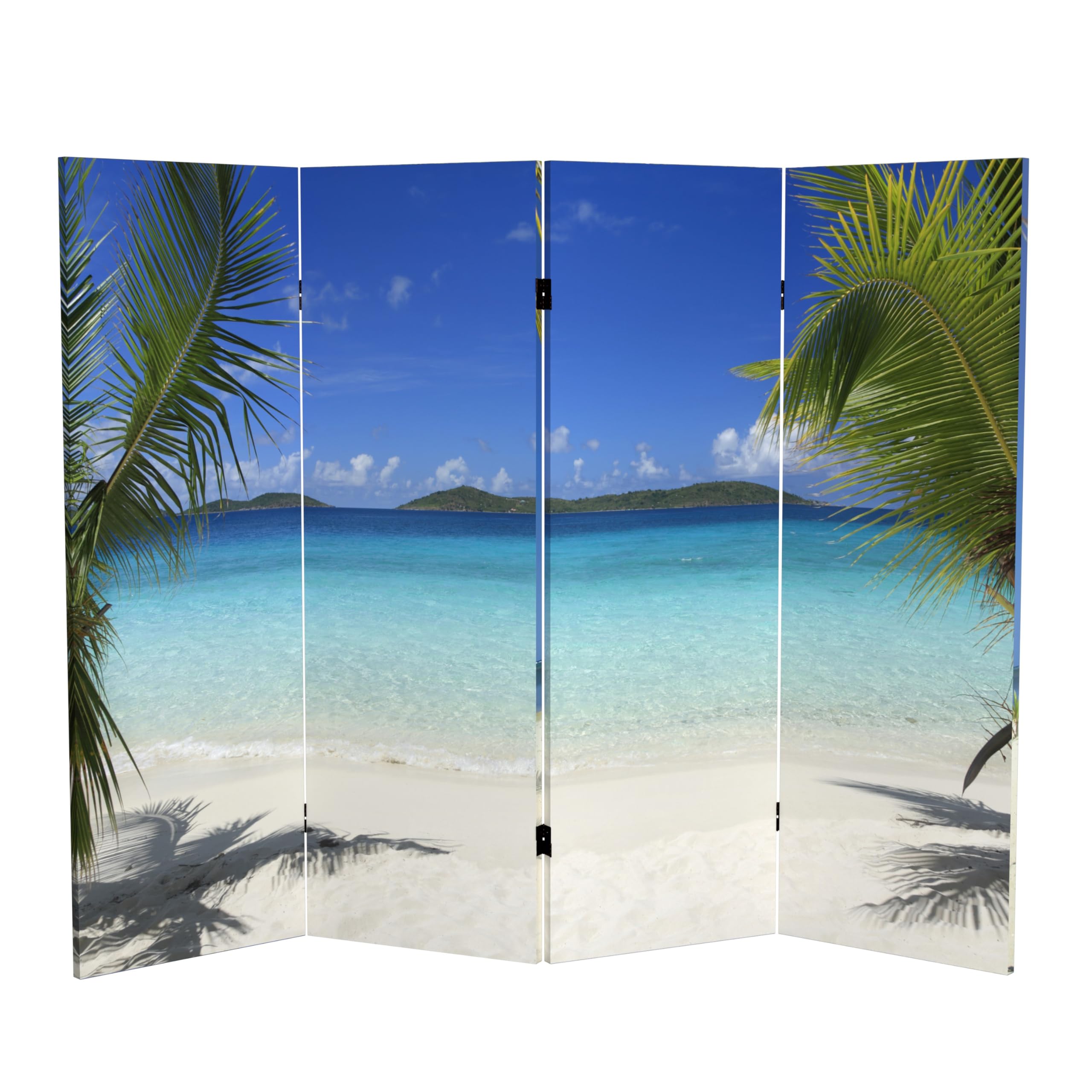Red Lantern 4 ft. Short Double Sided Beach Canvas Folding Screen 4 Panel Freestanding Partition and Separator for Modern and Contemporary Bedroom,