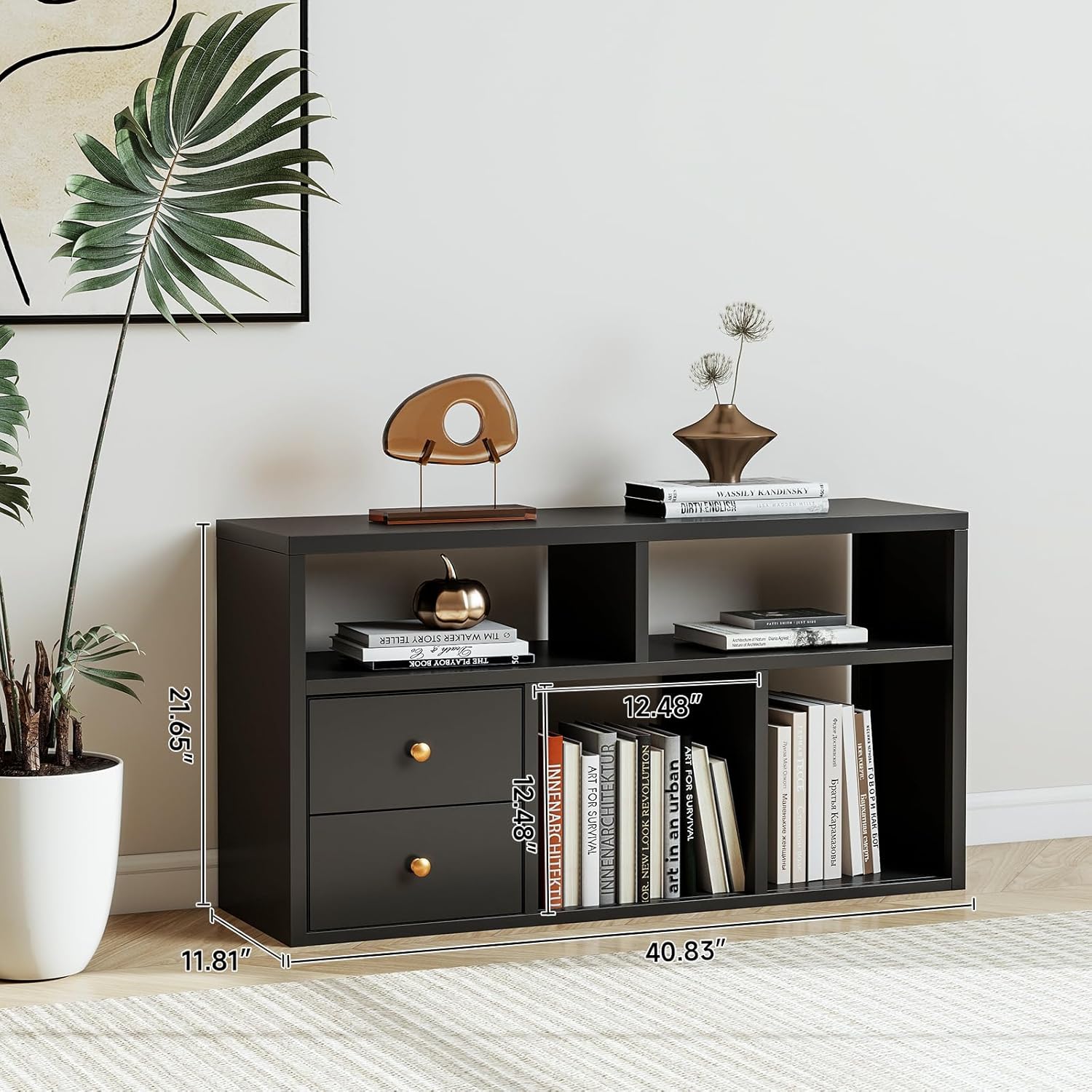 Metal 5 Cube Storage Organizer, Black Short Bookshelf with Storage, 2 Tier Cube Storage Shelf, Small TV Stand Entertainment Center, Side Table for Living Room, Office, Study, Easy Assembly