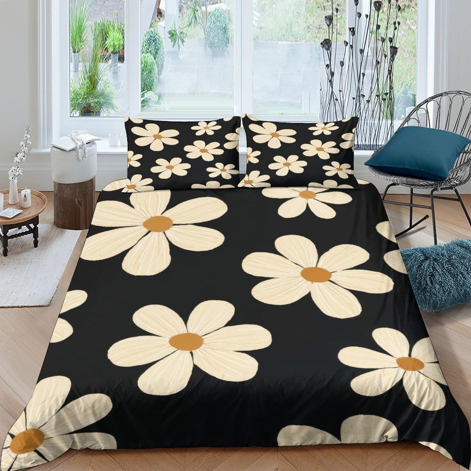 Ctjqhvkz Style-6 3D Printed Large Daisy Fitted Sheet Microfiber Black Floral Mattress Cover For Bedroom Guest Room Decor Single（135X200cm）