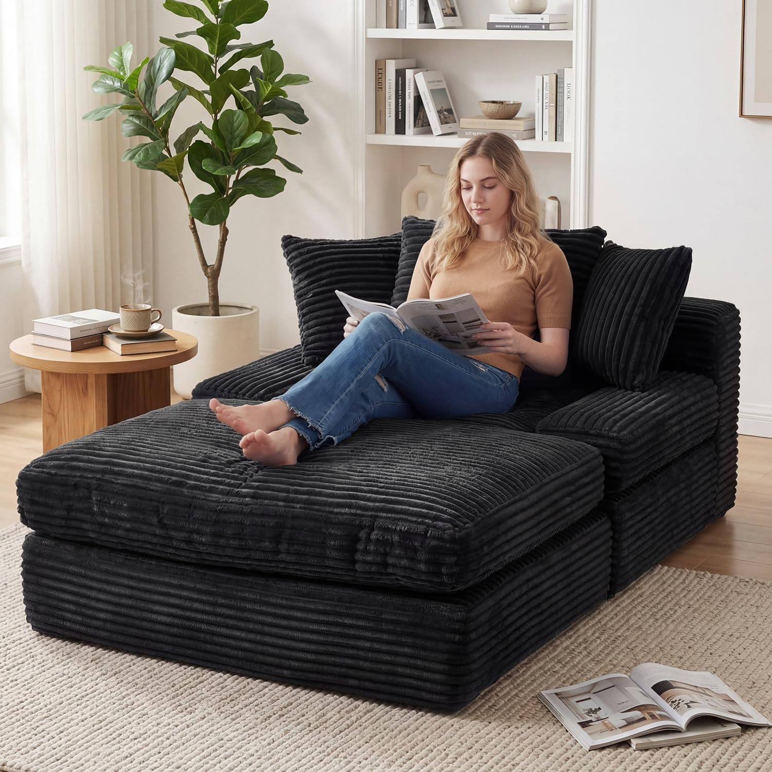 WEUP 69" Indoor Chaise Lounge, Oversized Corduroy Upholstered Armless Sofa Bed, Deep Seat Sleeper Reading Chair, Cloud Sofa for Living Room Bedroom Apartment, No Assembly Required (Black)